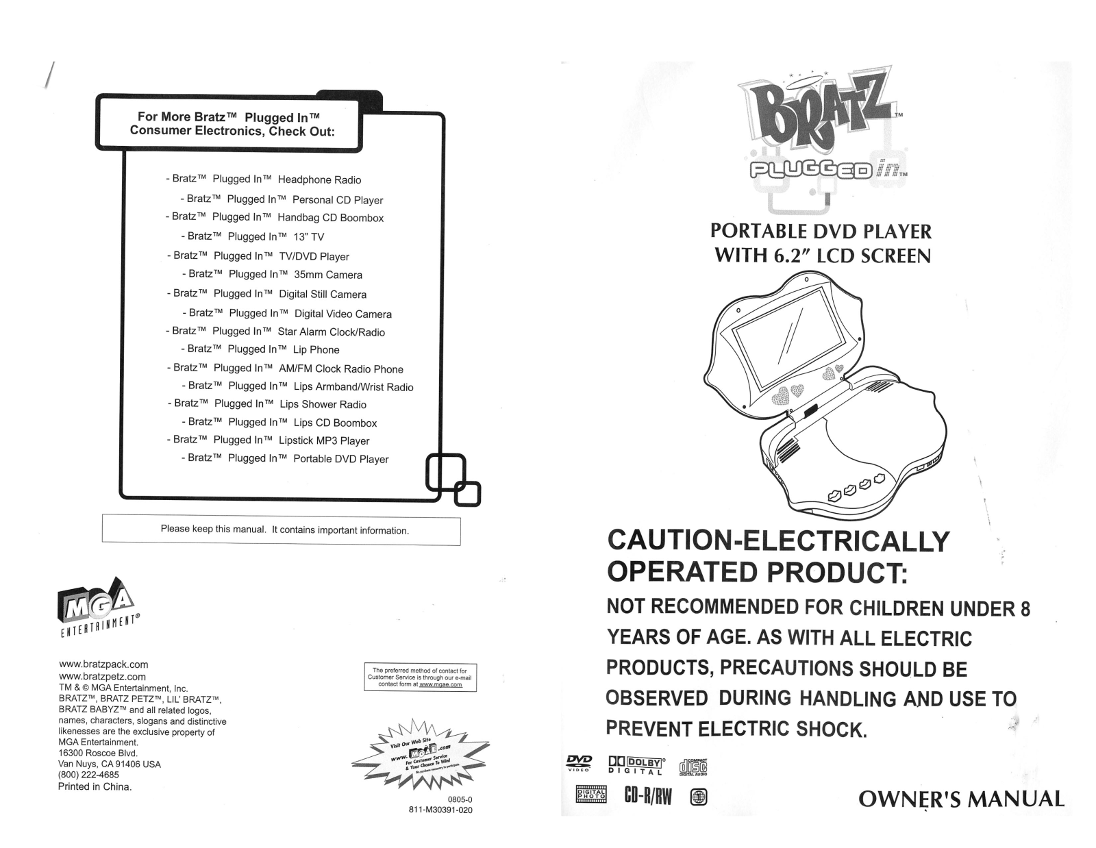 Mga Entertainment BRATZ PLUGGED IN PORTABLE DVD PLAYER COVER User Manual