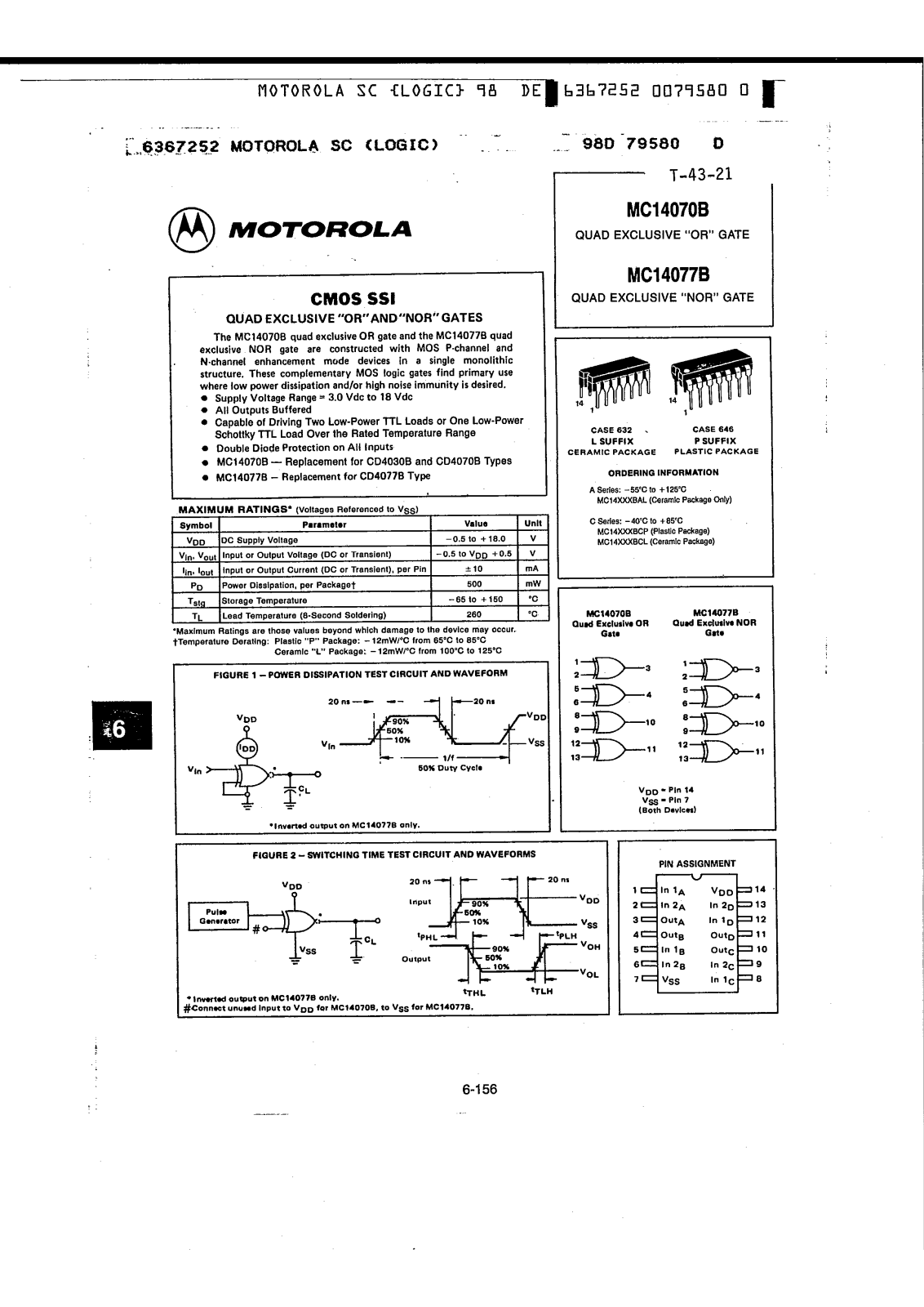 Motorola MC14077BAL, MC14070BAL Datasheet