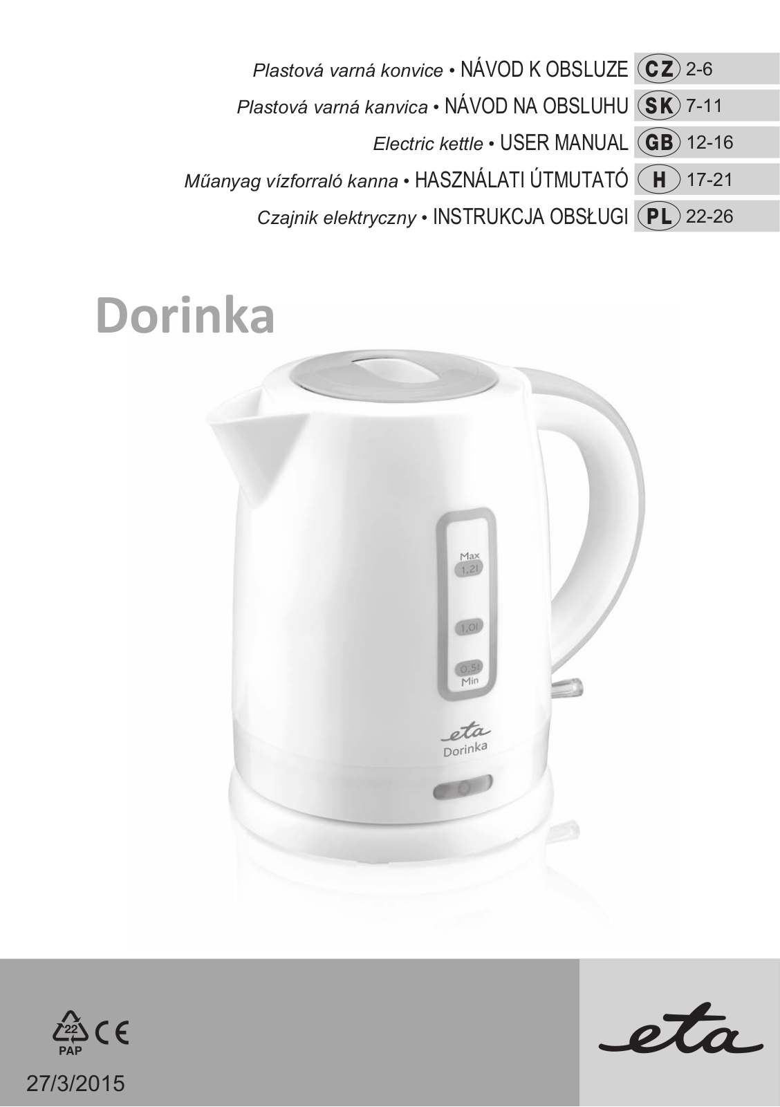 ETA Dorinka 1599 90010, Dorinka 1599 90020, Dorinka 1599 90040 User Manual