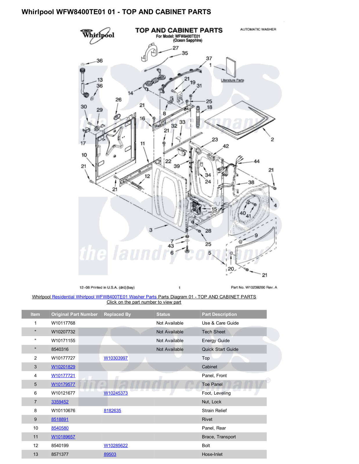 Whirlpool WFW8400TE01 Parts Diagram