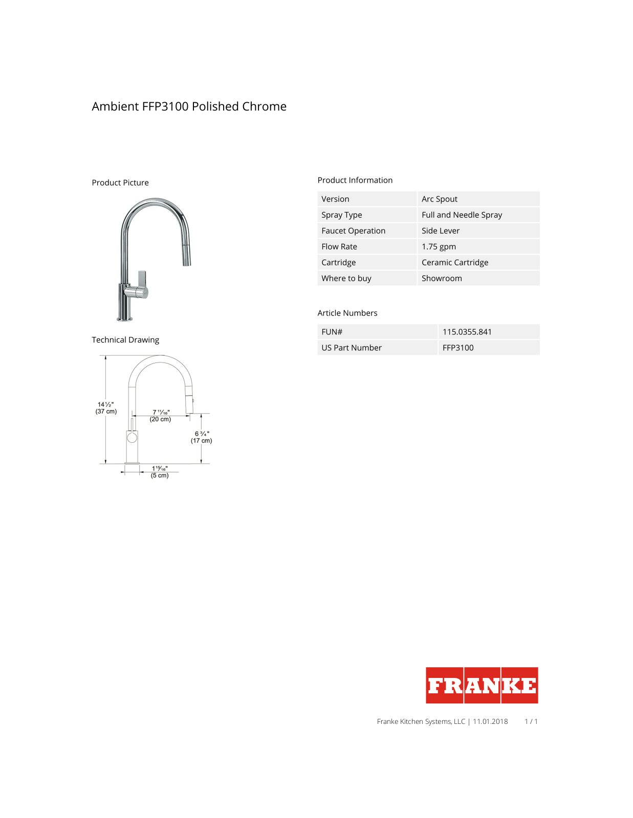 Franke FFP3170 Specs