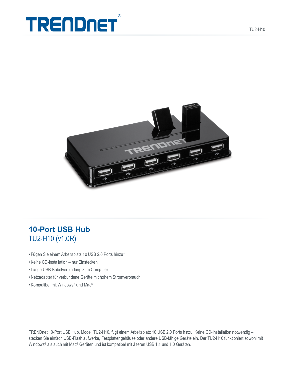 Trendnet TU2-H10 Datasheet