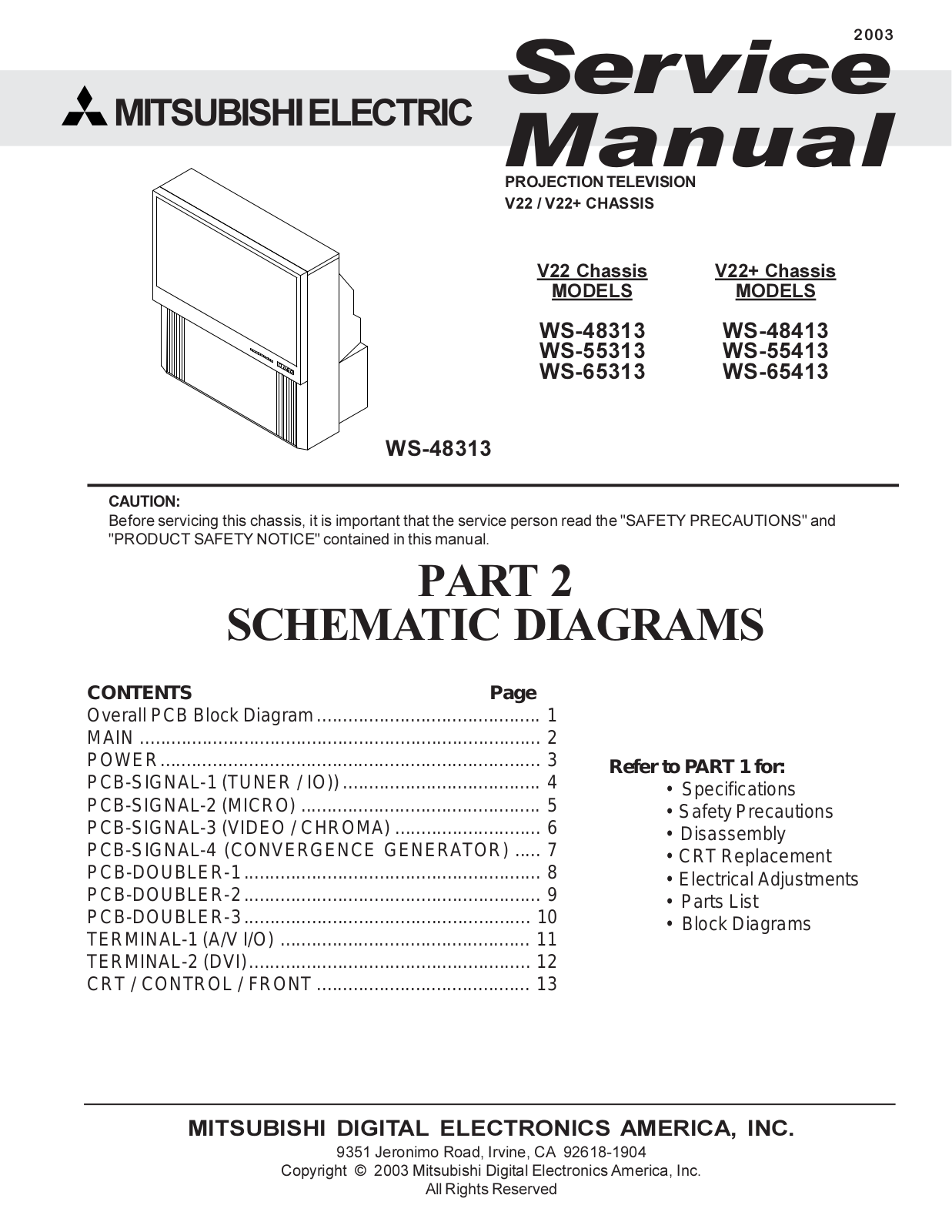 mitsubishi WS48313, WS55313, WS65313, WS48413, WS55413 Service Manual