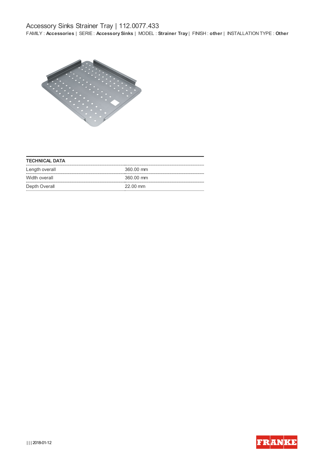 Franke ST433 Specifications Sheet