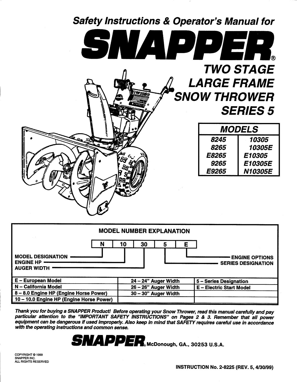 Snapper E9265, E8265, E10305E, E10305, 8265 Owner’s Manual