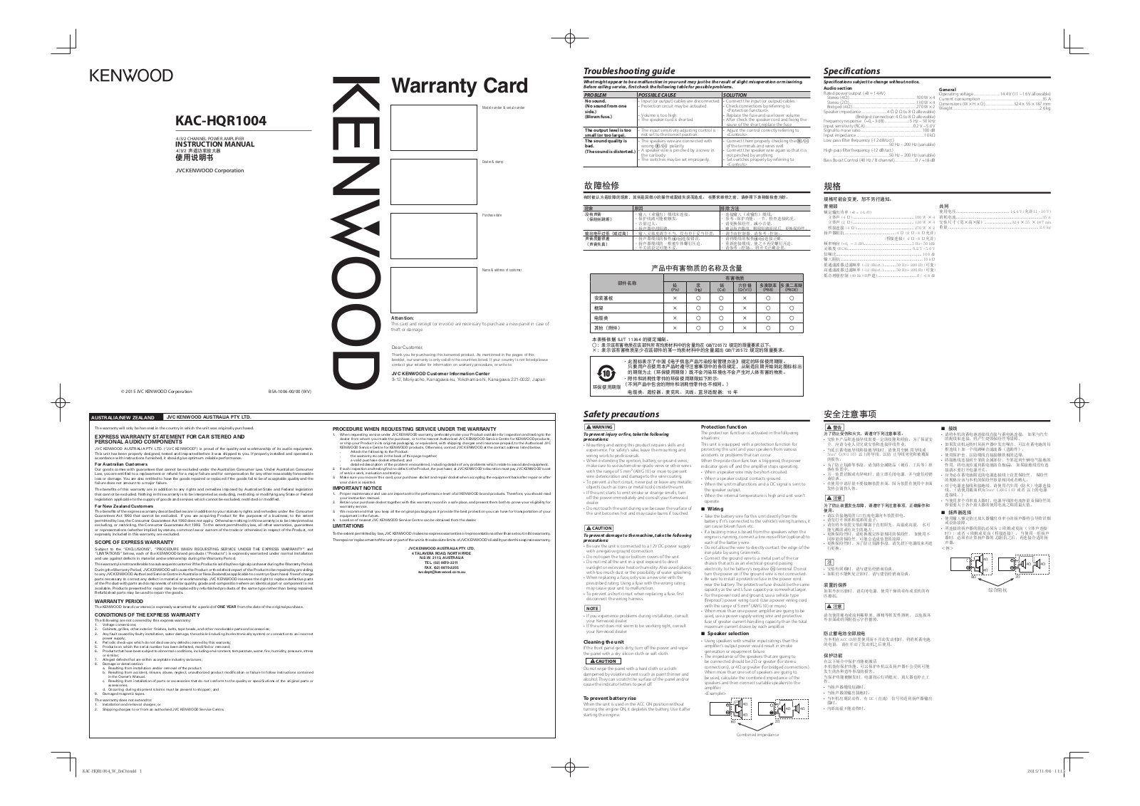 Kenwood KAC-HQR1004 Manual