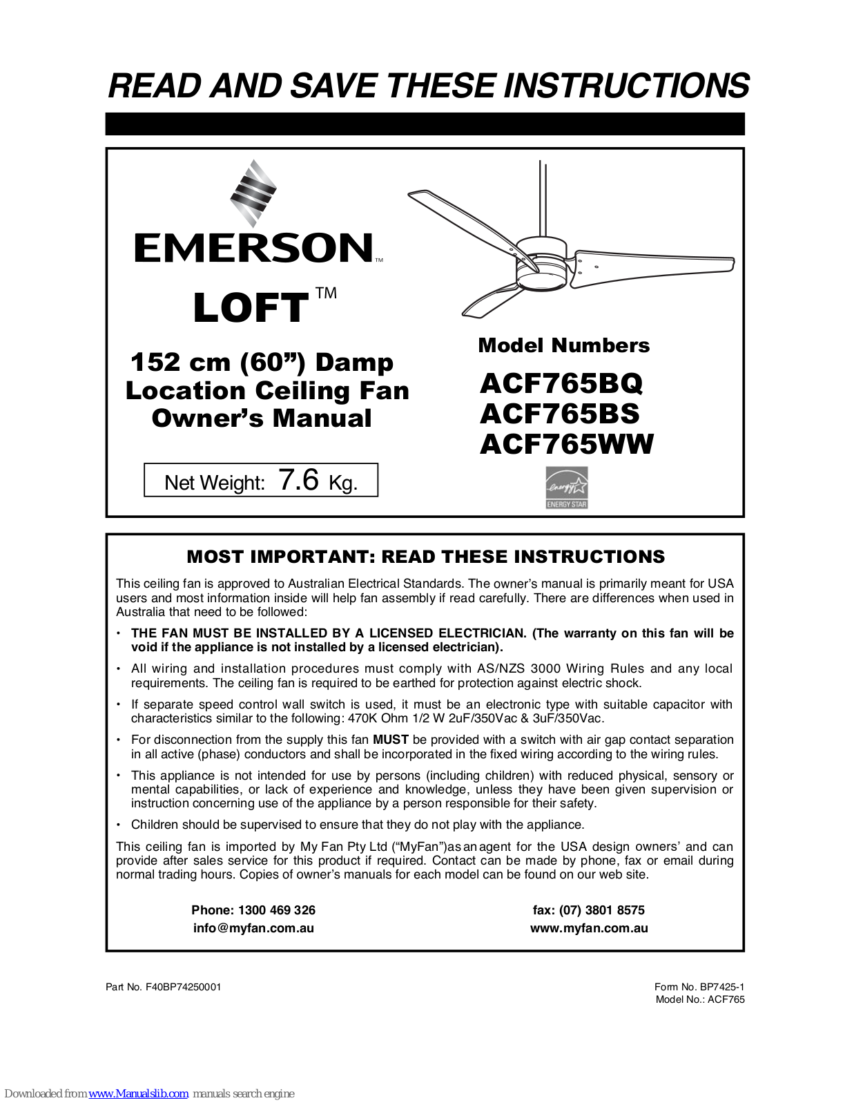 Emerson ACF765BS, ACF765BQ, ACF765WW Owner's Manual