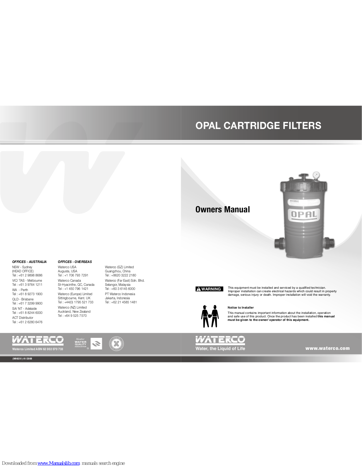 Waterco Opal Cartridge Filters Owner's Manual