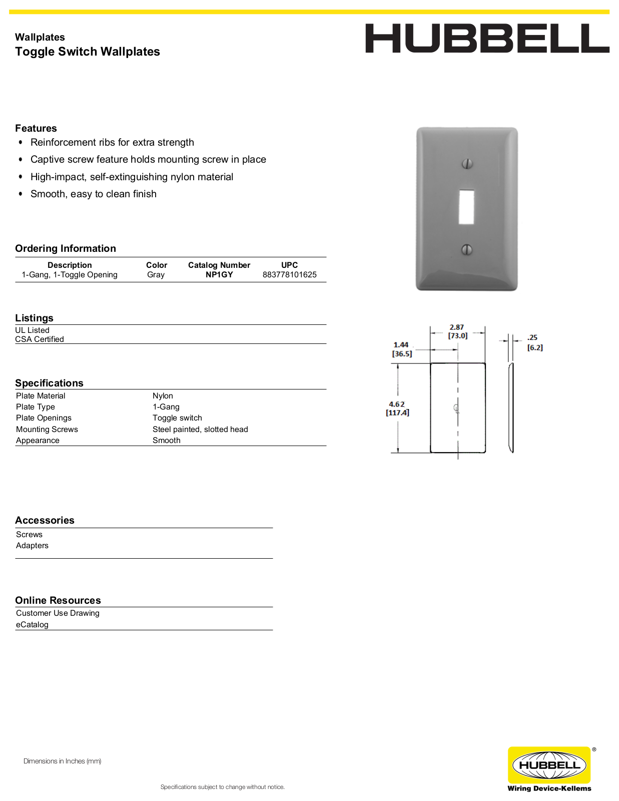 Hubbell NP1GY Specifications