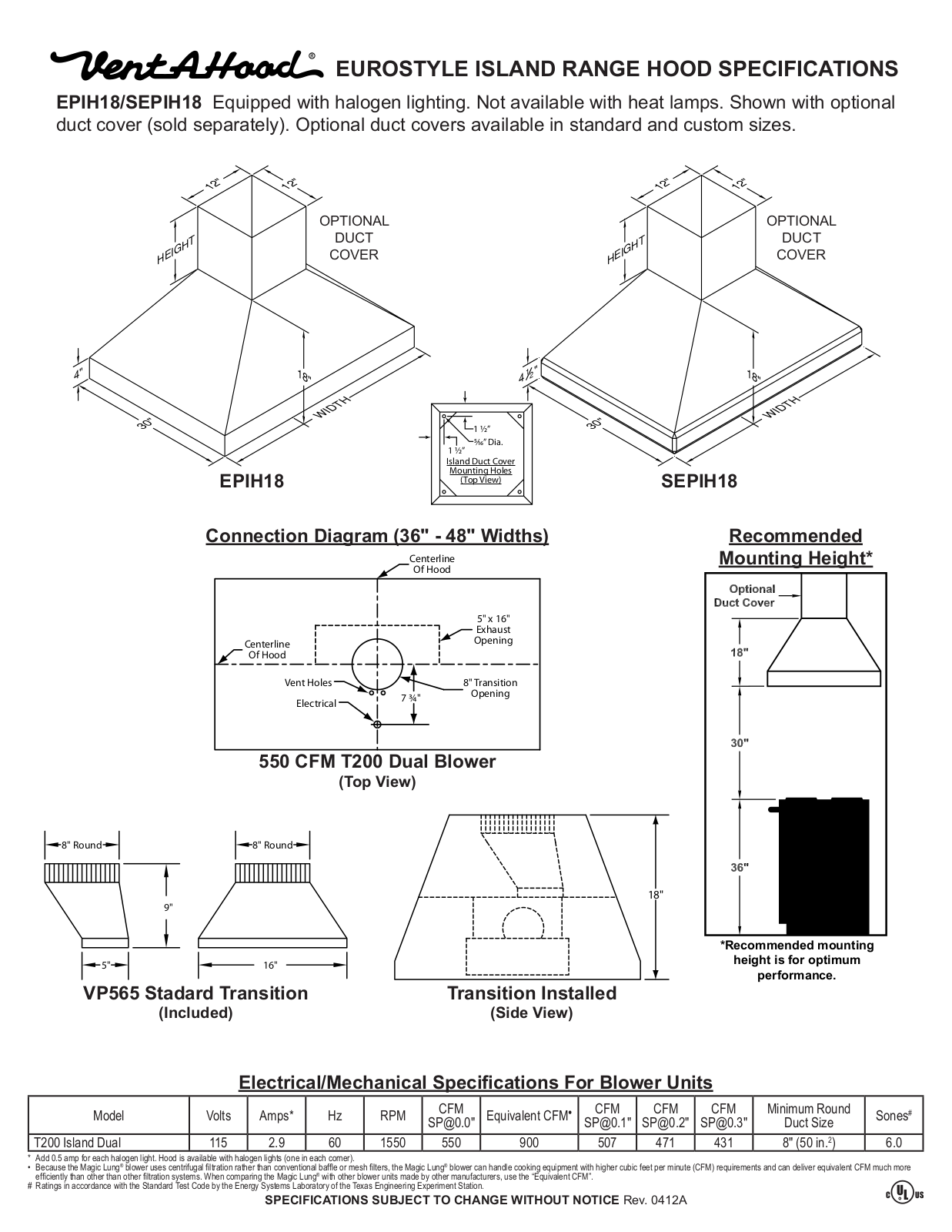 Vent-A-Hood EPIH18, SEPIH18 SPECIFICATIONS