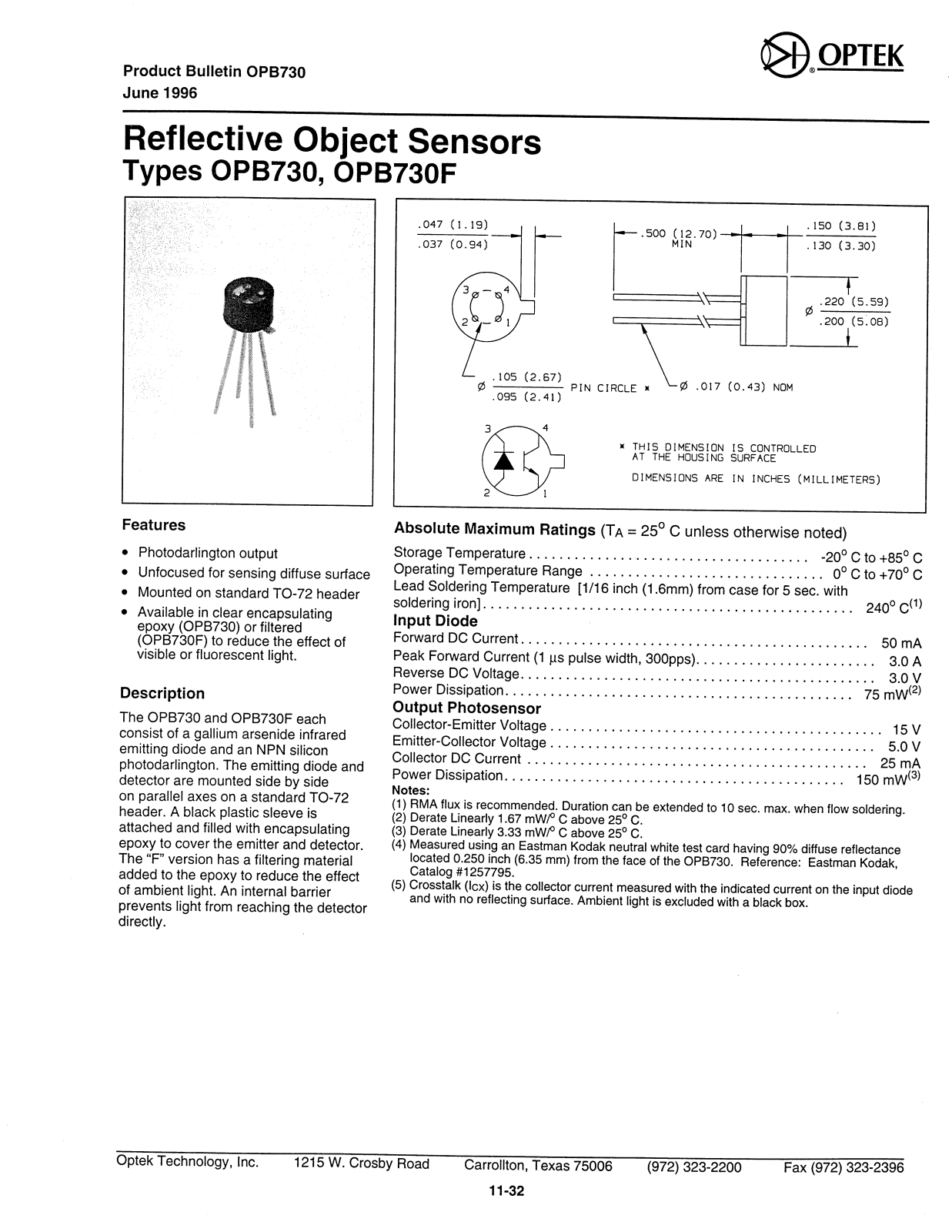 OPTEK OPB730F, OPB730 Datasheet