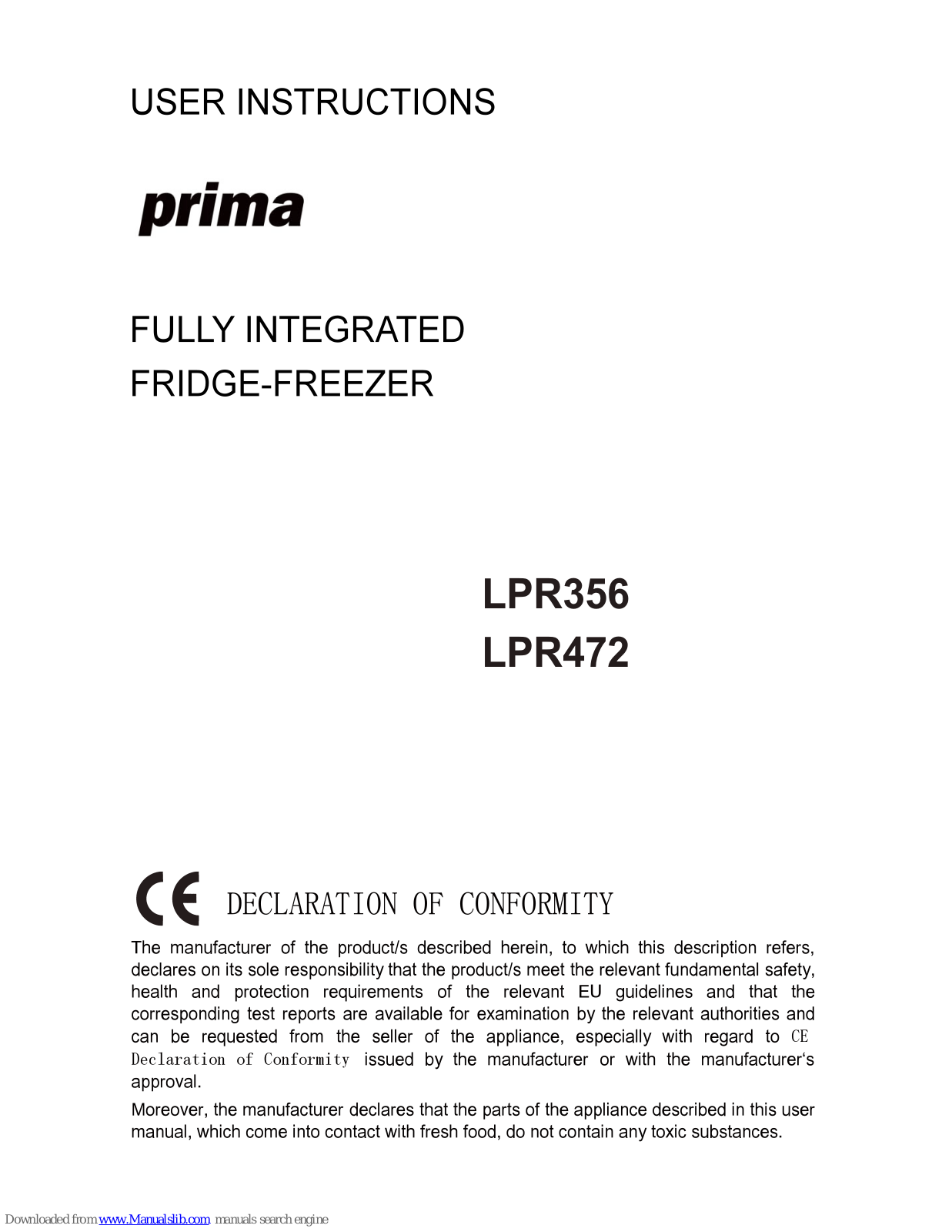 Prima LPR356, LPR472 User Instructions