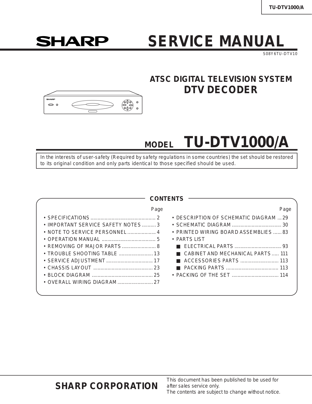 Sharp TUDTV100, TU-DTV1000-A Service Manual