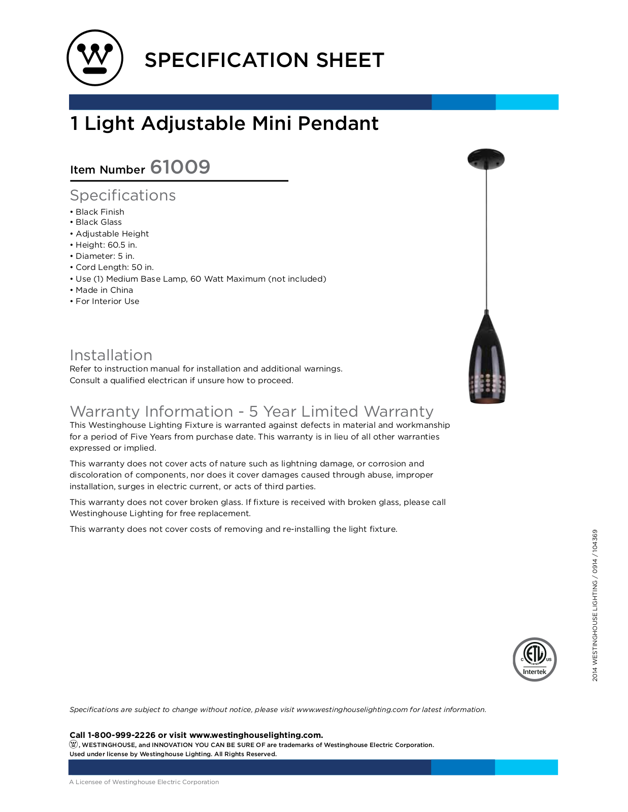 Westinghouse 6100900 Specification