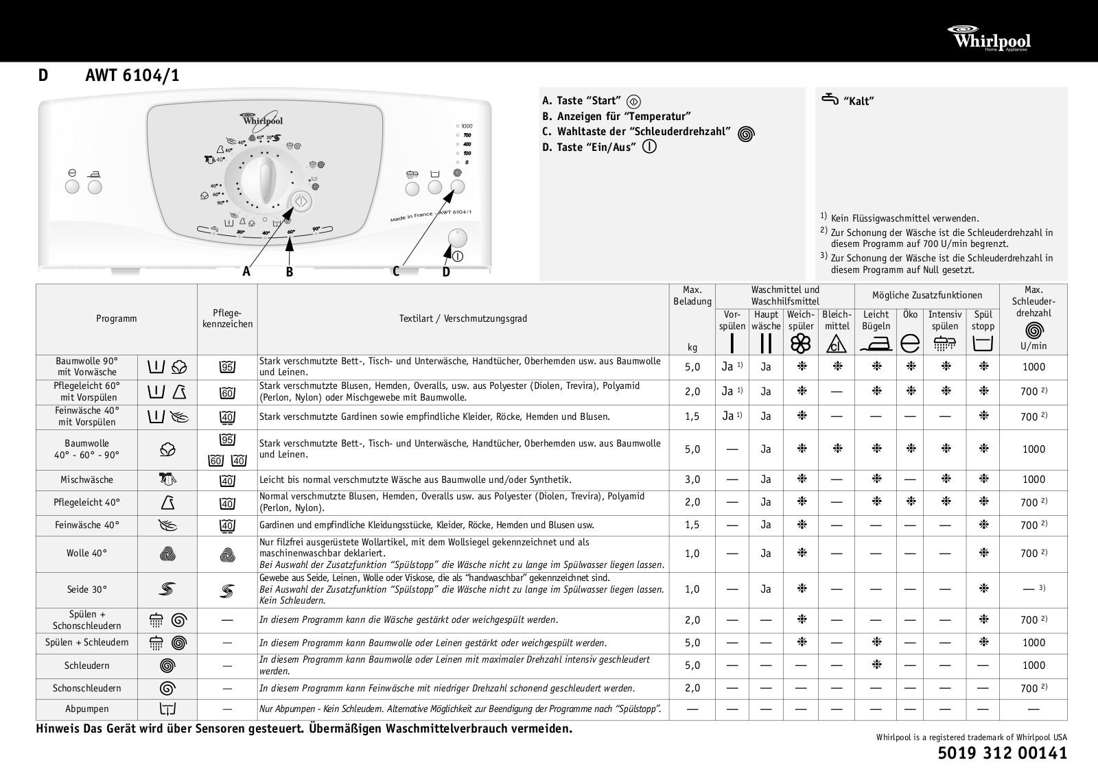 Whirlpool AWT 6104/1 User Manual