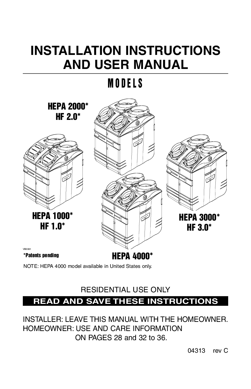 Broan HEPA 4000, HEPA 1000, HEPA 3000, HEPA 2000 User Manual