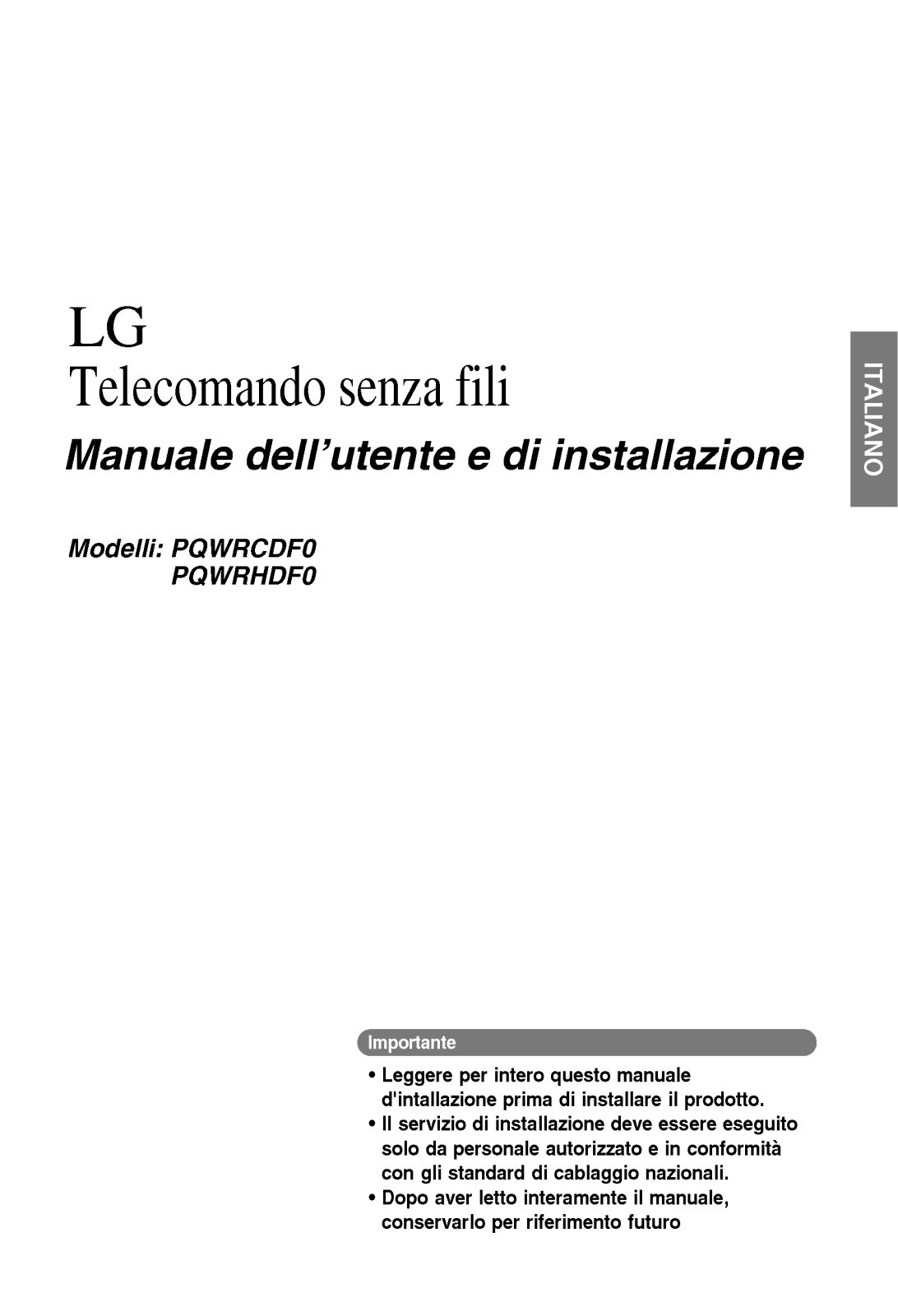 Lg PQWRHDF0, PQWRCDF0 Installation and user Manual