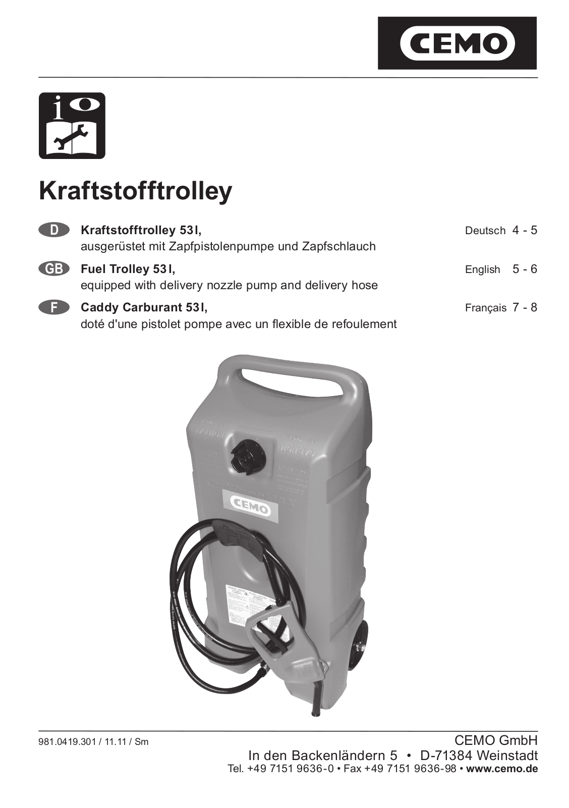 CEMO Fuel Trolley 53l User Manual - ManualMachine.com