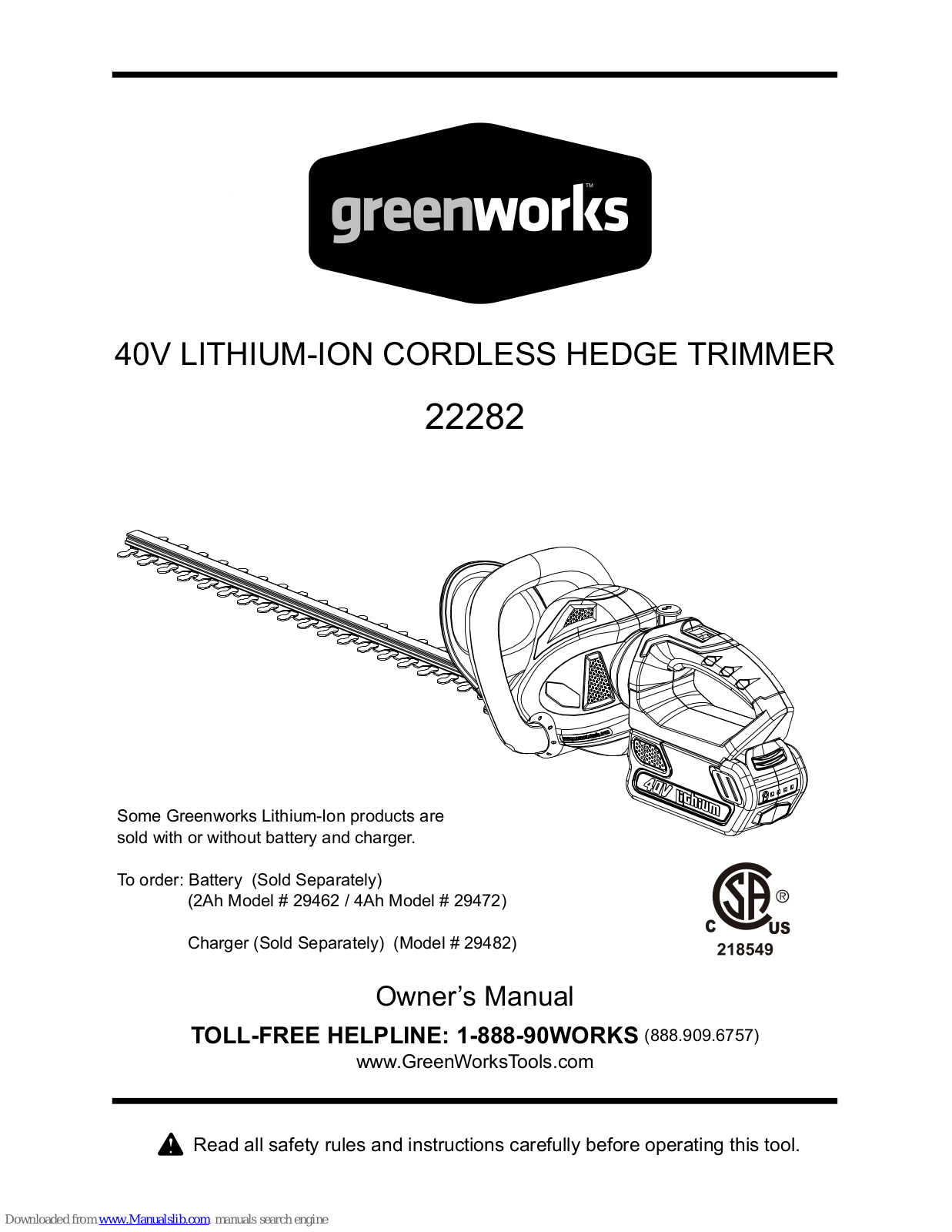 GreenWorks 22282, 22192, 22262 Owner's Manual