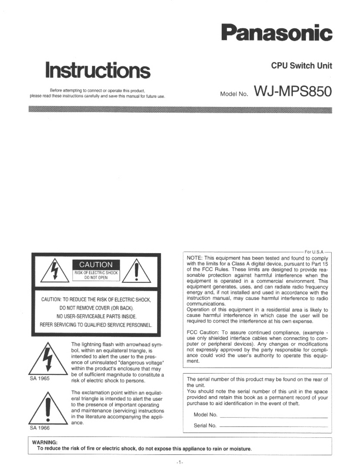 Panasonic WJ-MPS850 User Manual