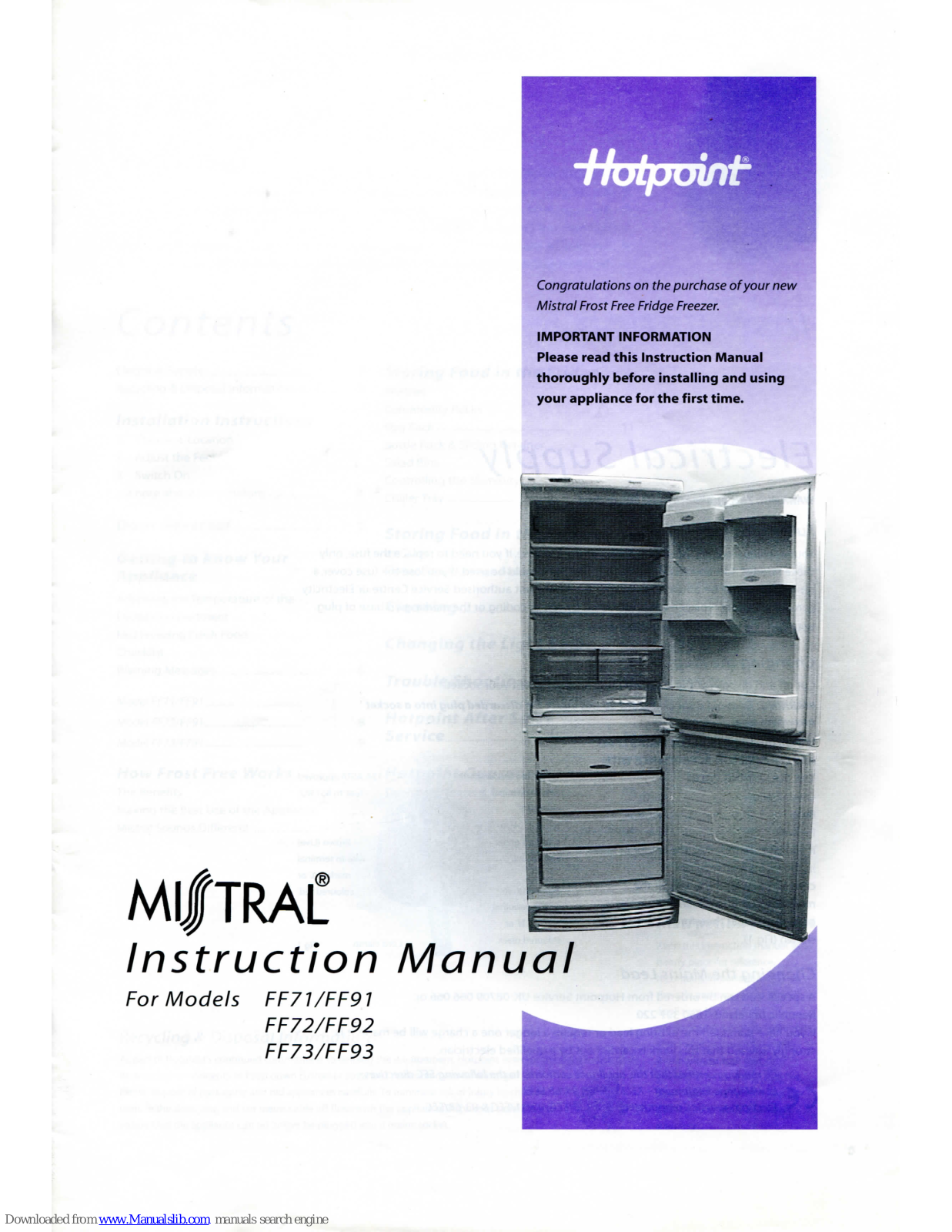 Hotpoint Mistral FF1, Mistral FF93, Mistral FF3, Mistral FF92, Mistral FF91 Instruction Manual