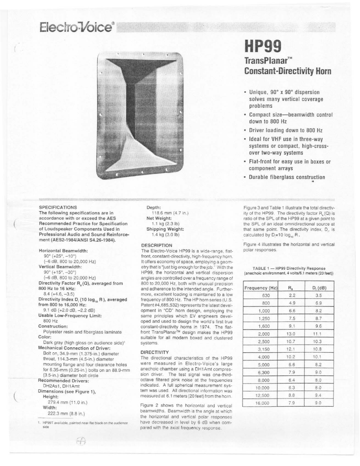 Electro-voice HP99 DATASHEET