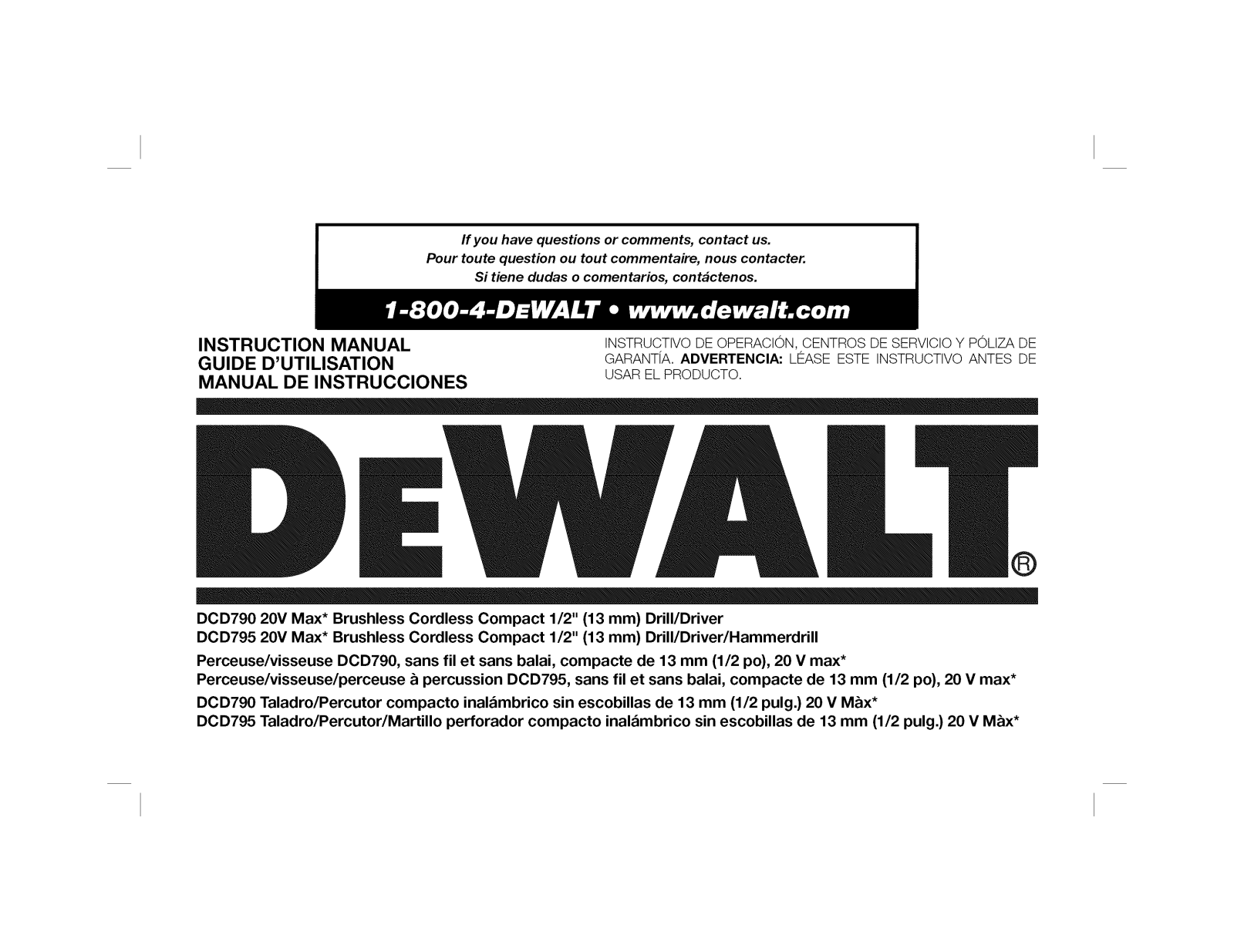 DeWalt DCD795D2 TYPE 1, DCD790D2 TYPE 1 Owner’s Manual