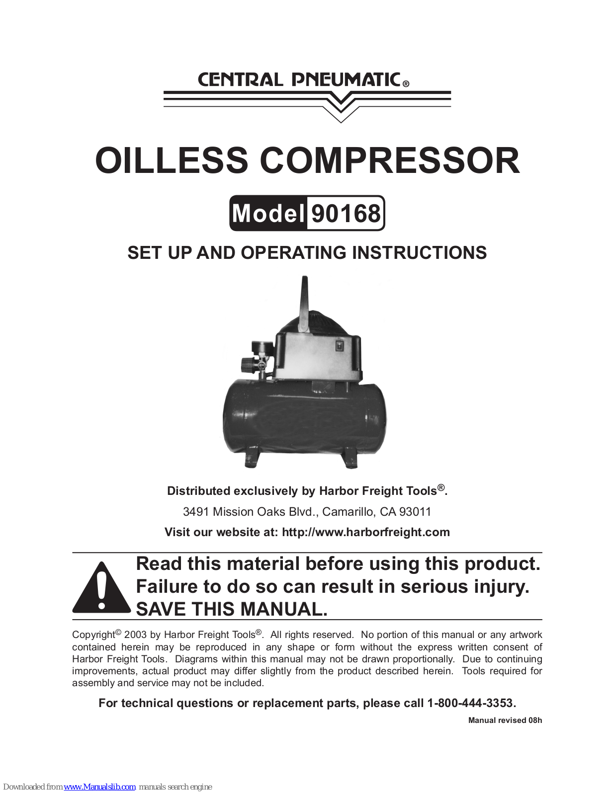 Central Pneumatic 90168 Set Up And Operating Instructions Manual