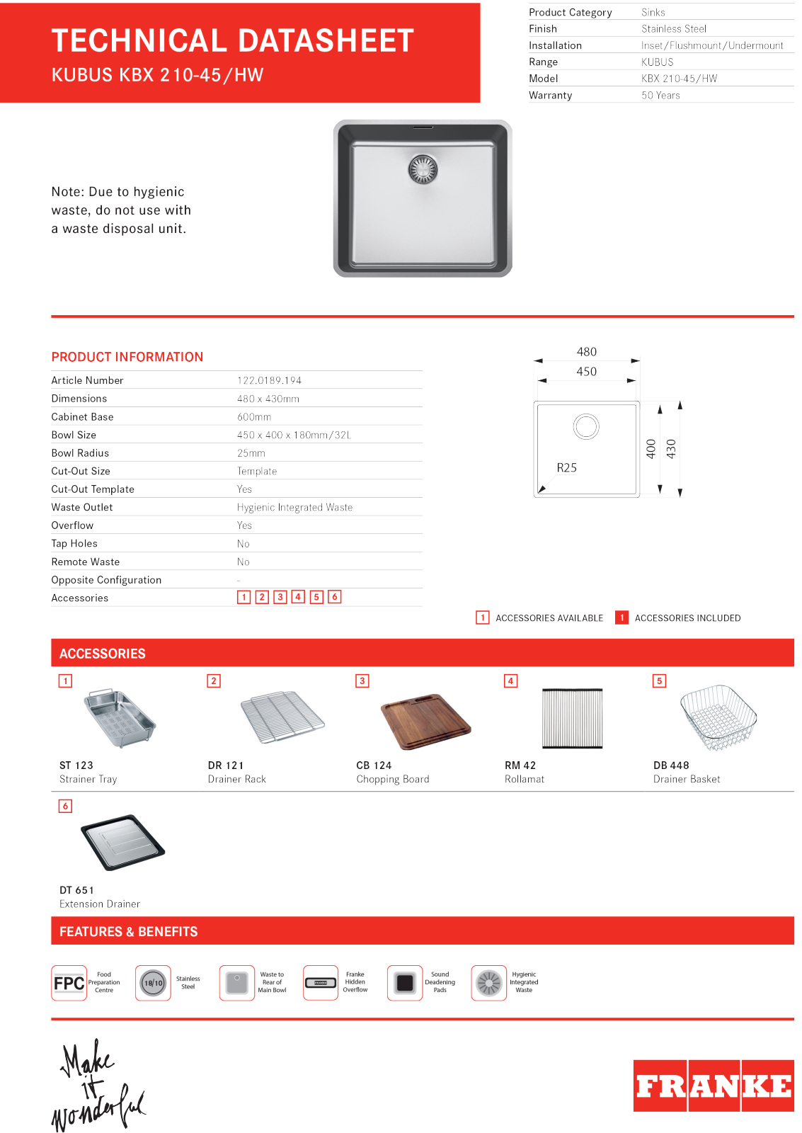 Franke KBX210-45-OF-B Specifications Sheet