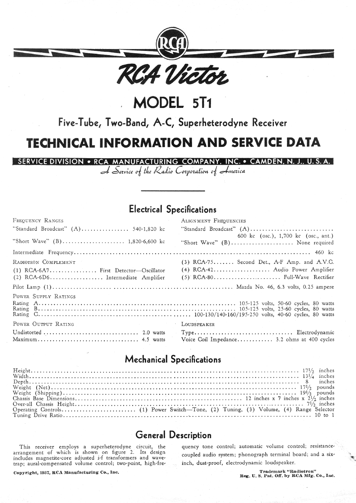 RCA 5-T-1 Owners manual