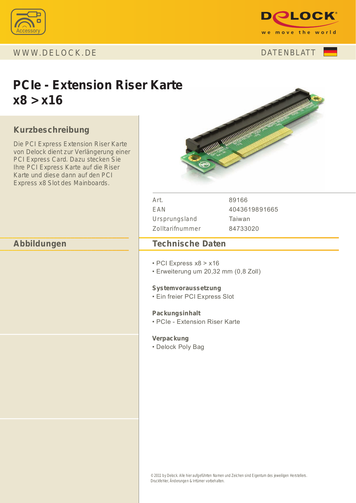 DeLOCK PCIe Extension karta riser x8 > x16 Technical data