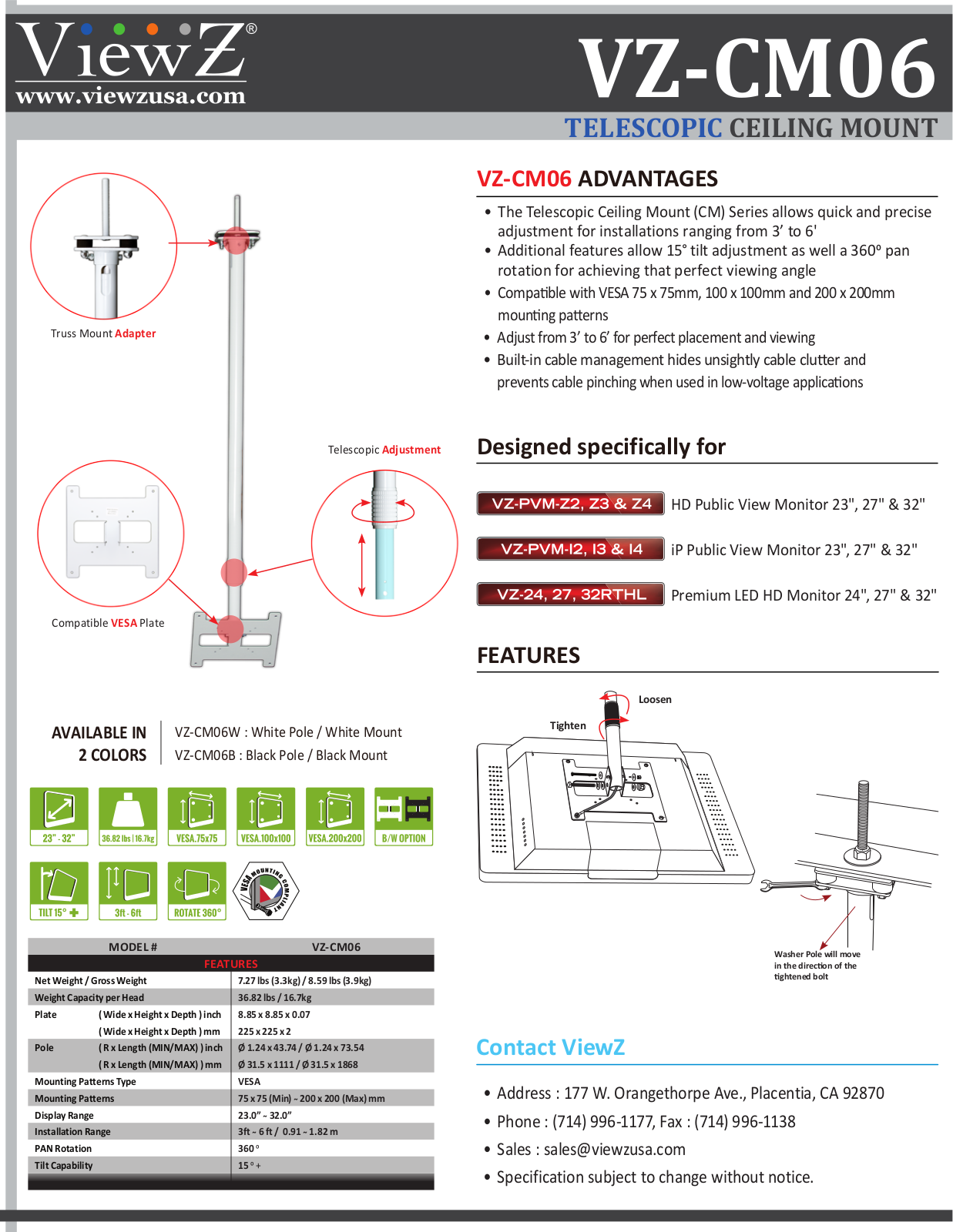 ViewZ VZ-CM06B, VZ-CM06W Specsheet