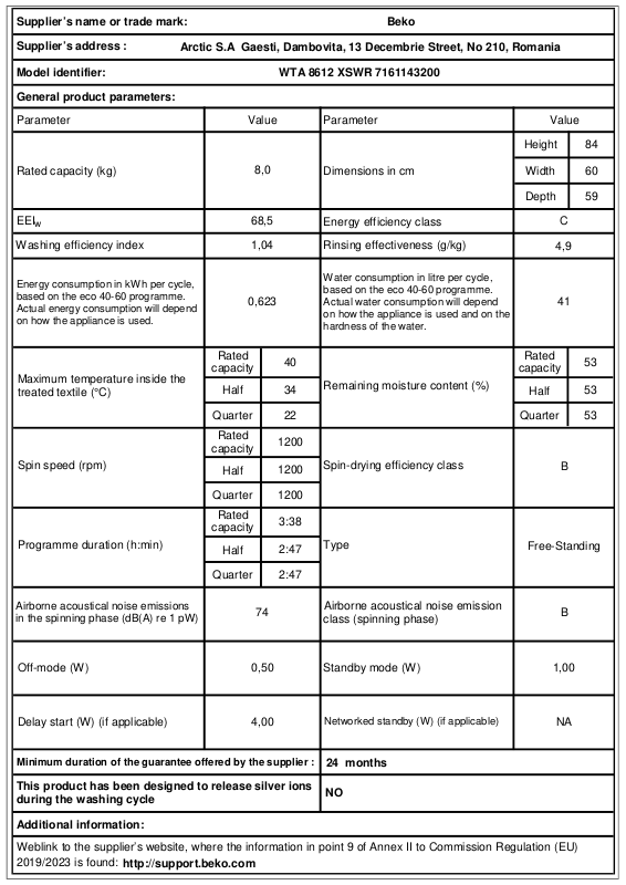 Beko WTA 8612 XSWR PRODUCT INFORMATION SHEET