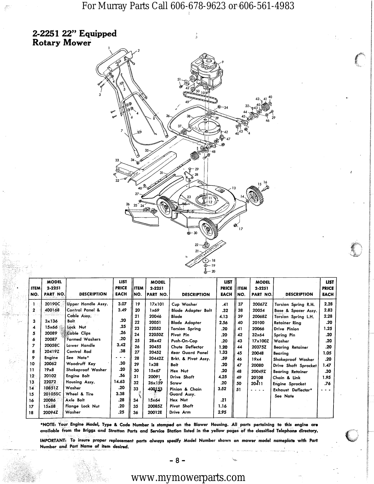 Murray 72-2251 Parts List