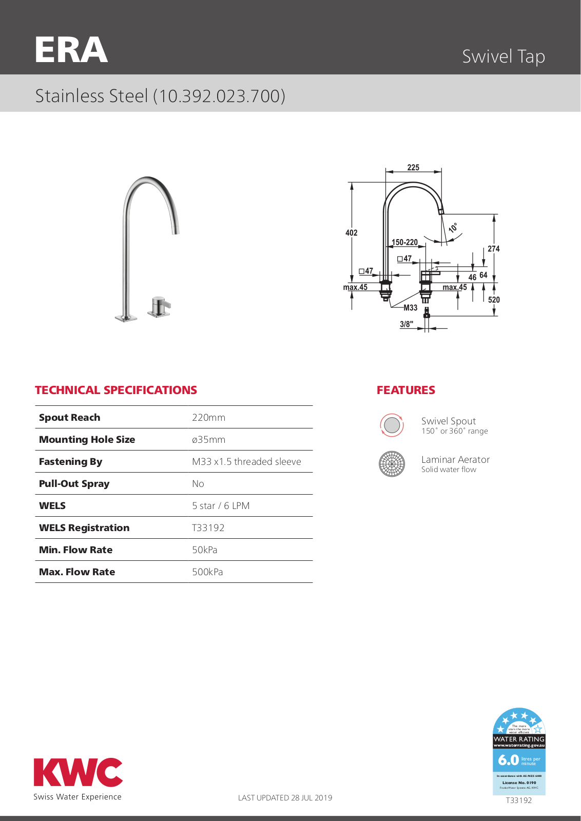 KWC 10392023700 Specifications Sheet