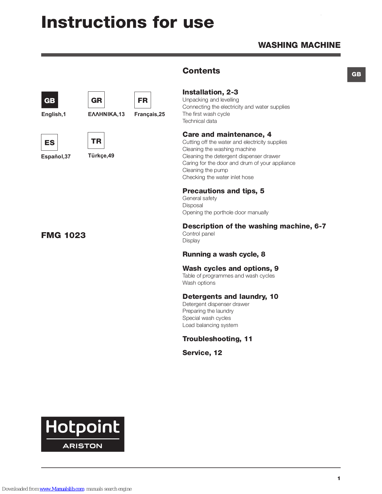 Indesit FMG 1023 Instructions For Use Manual