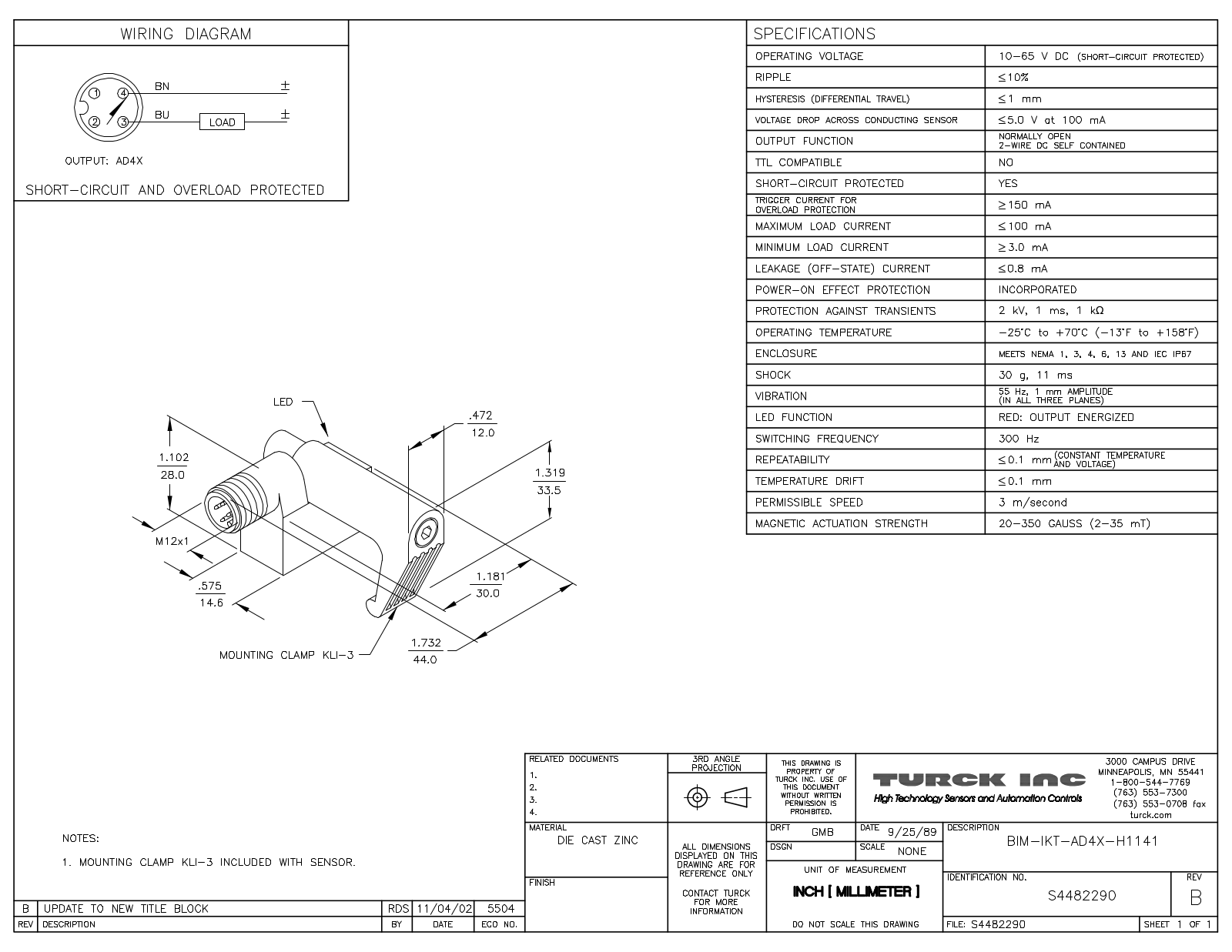 Turck BIM-IKT-AD4X-H1141W/KLI-3 Data Sheet