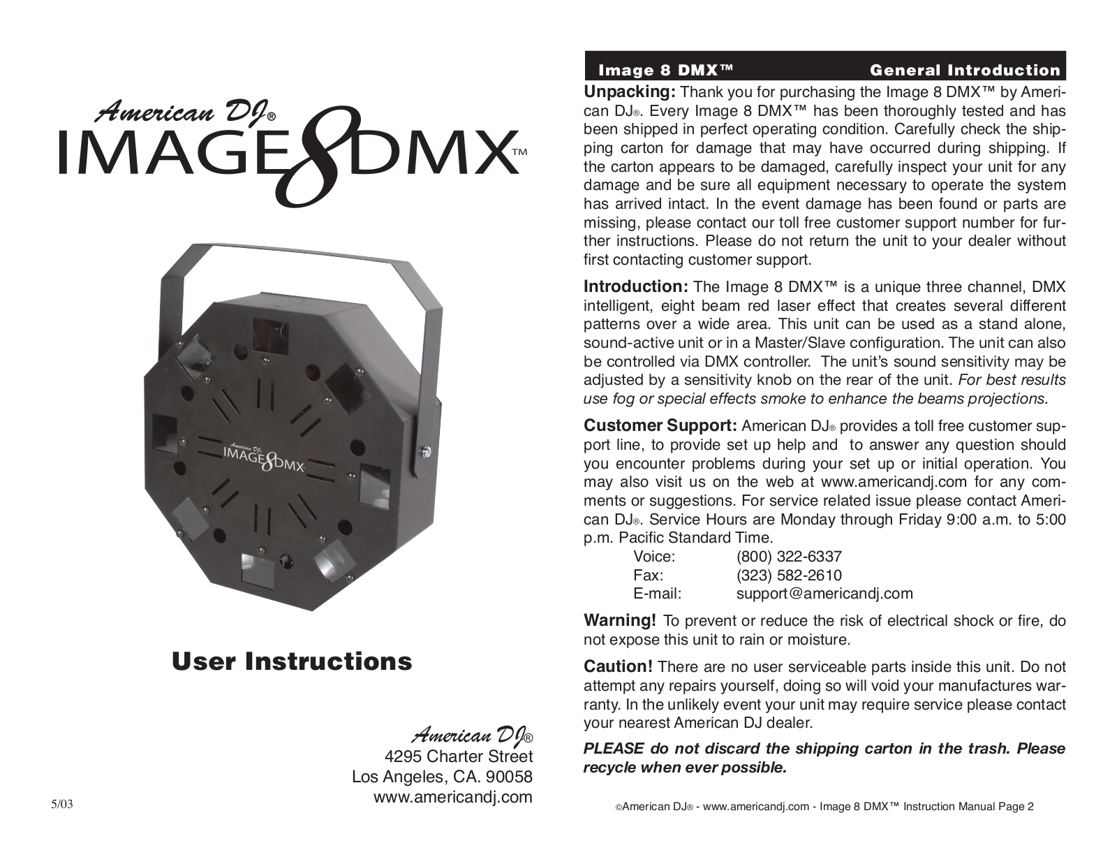 American DJ IMAGE 8 DMX User Manual