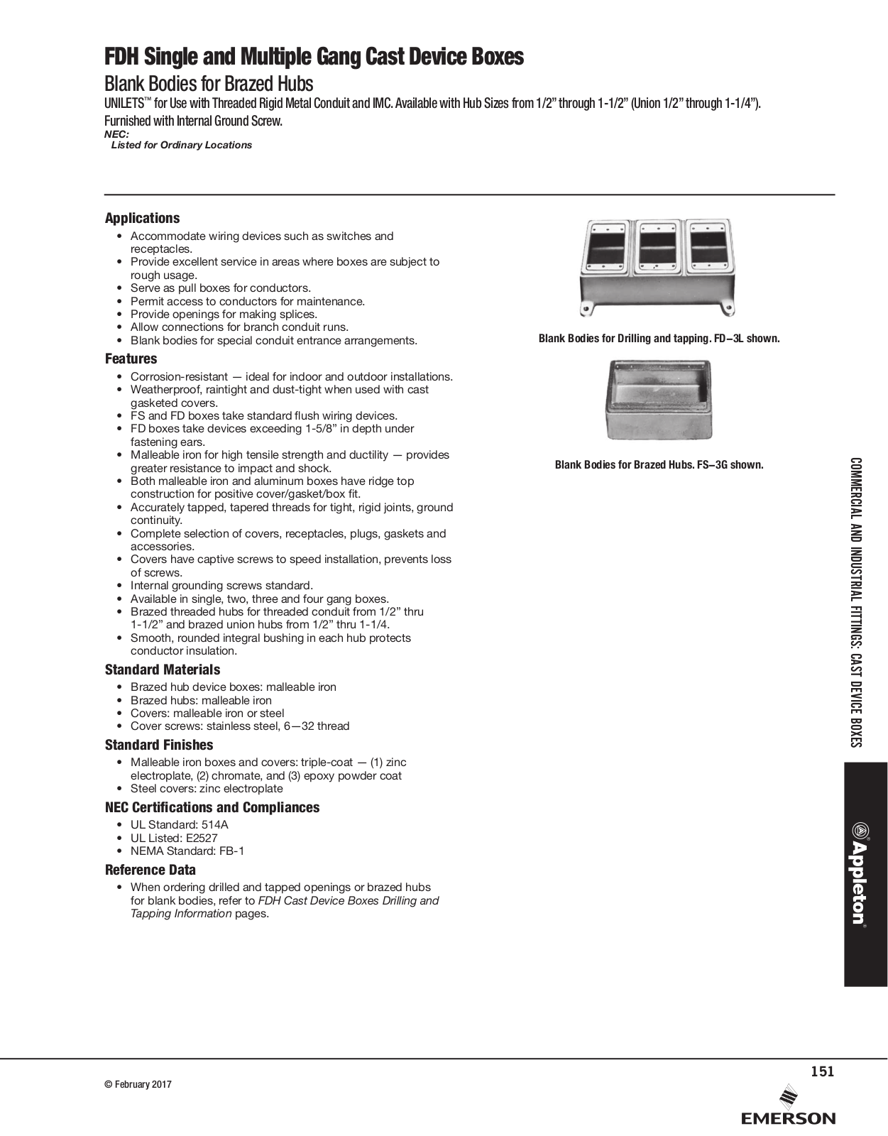 Appleton FDH Single and Multiple Gang Cast Device Boxes Catalog Page