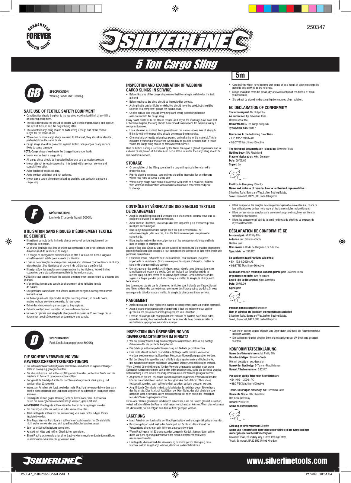 Silverline Cargo Sling 5 Tonne User Manual