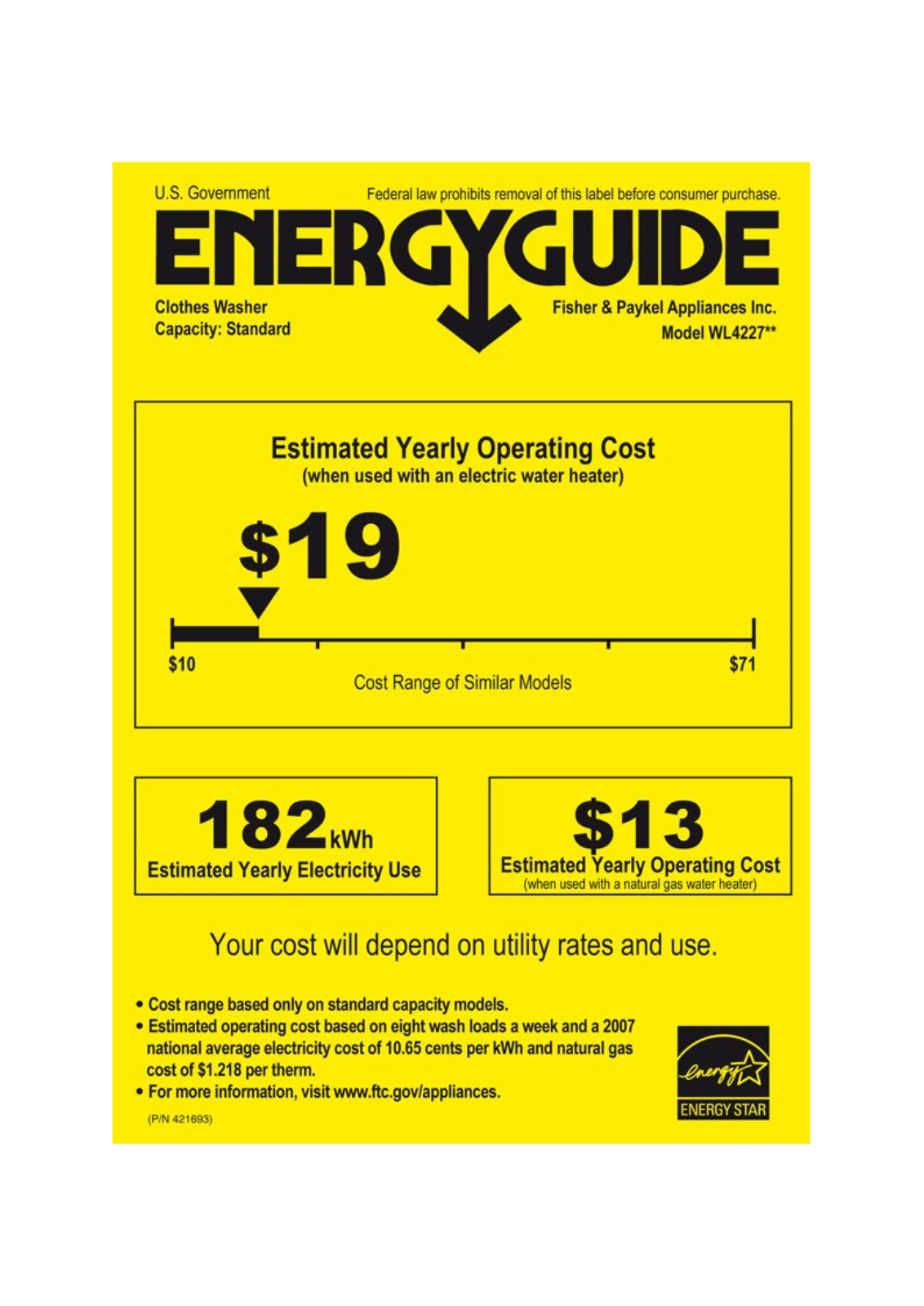 Fisher & Paykel WL4227J1, WL4227P1 Energy Guide