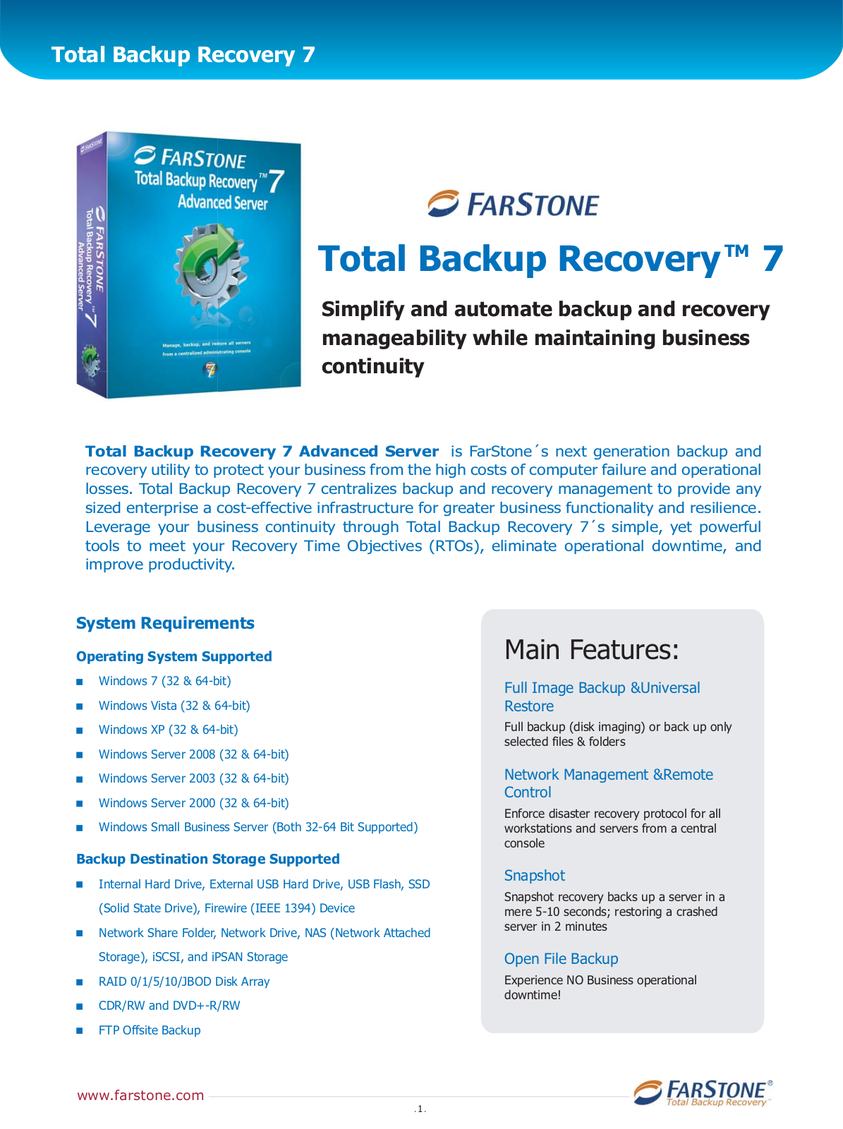 Farstone TOTAL BACKUP RECOVERY 7 ADVANCED SERVER DATASHEET