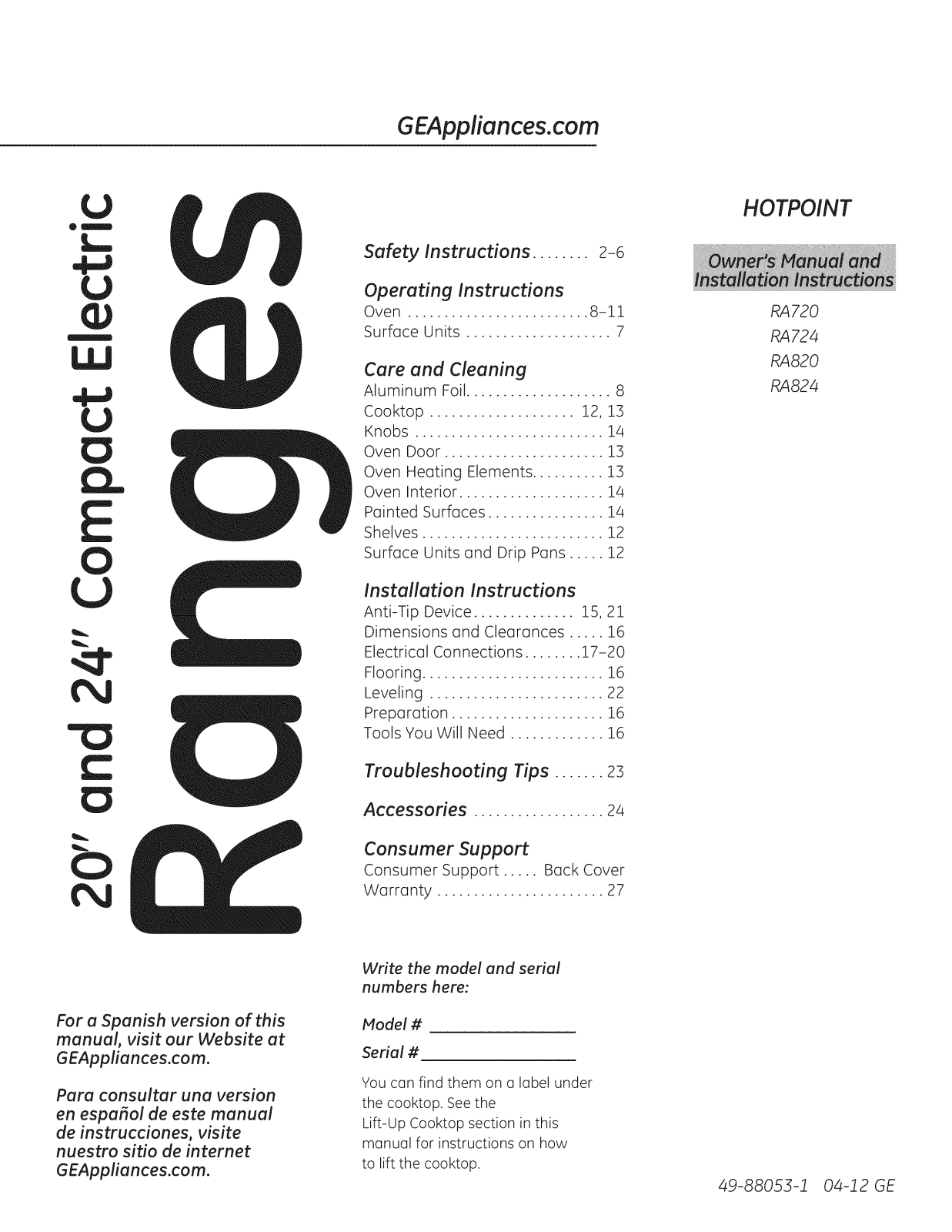 Hotpoint RA720K5WH, RA720K5CT Owner’s Manual