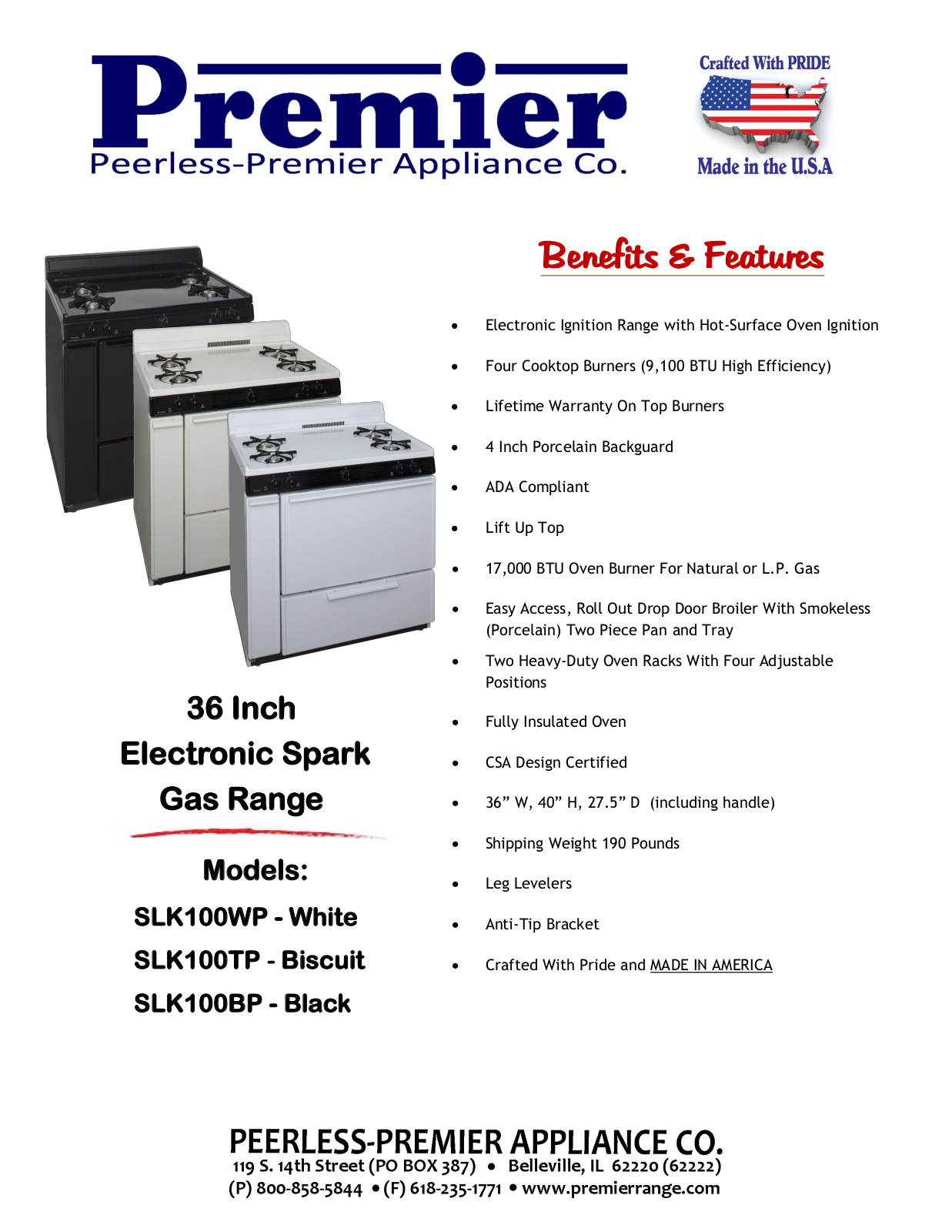 Premier SLK100WP, SLK100BP Specifications - ManualMachine.com