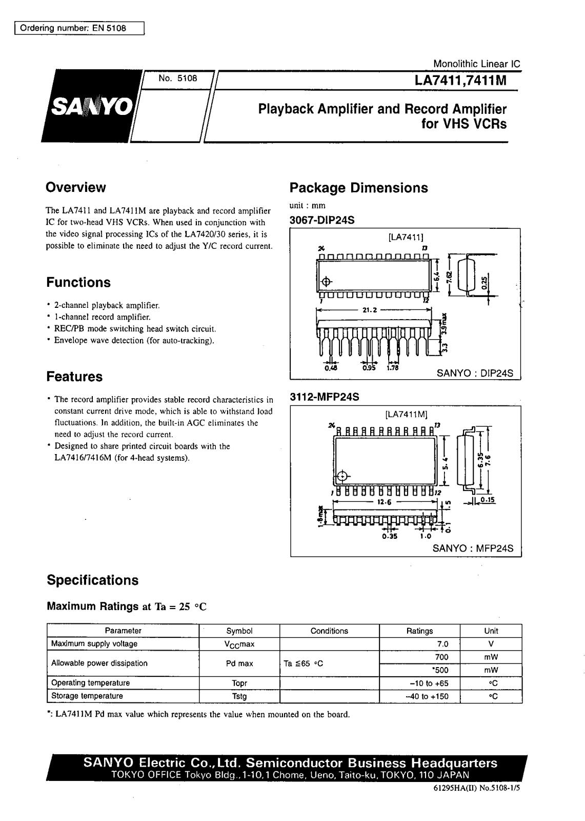 SANYO LA7411M, LA7411 Datasheet