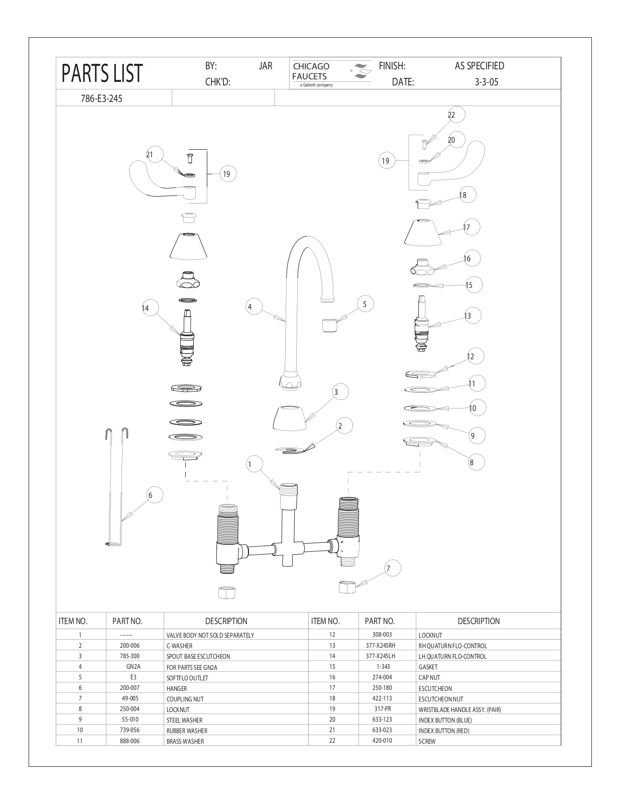 Chicago Faucet 786-E3-245 Parts List