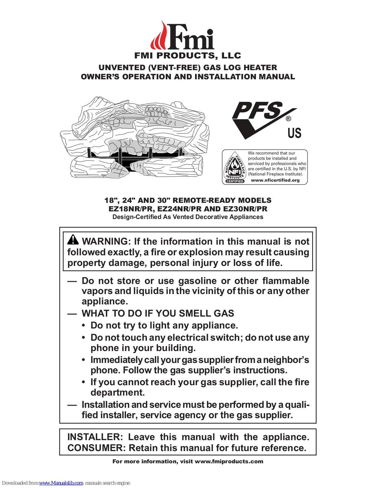 FMI EZ18NR, EZ18NPR, EZ24NR, EZ24NPR, EZ30NR Owner's Operation And Installation Manual