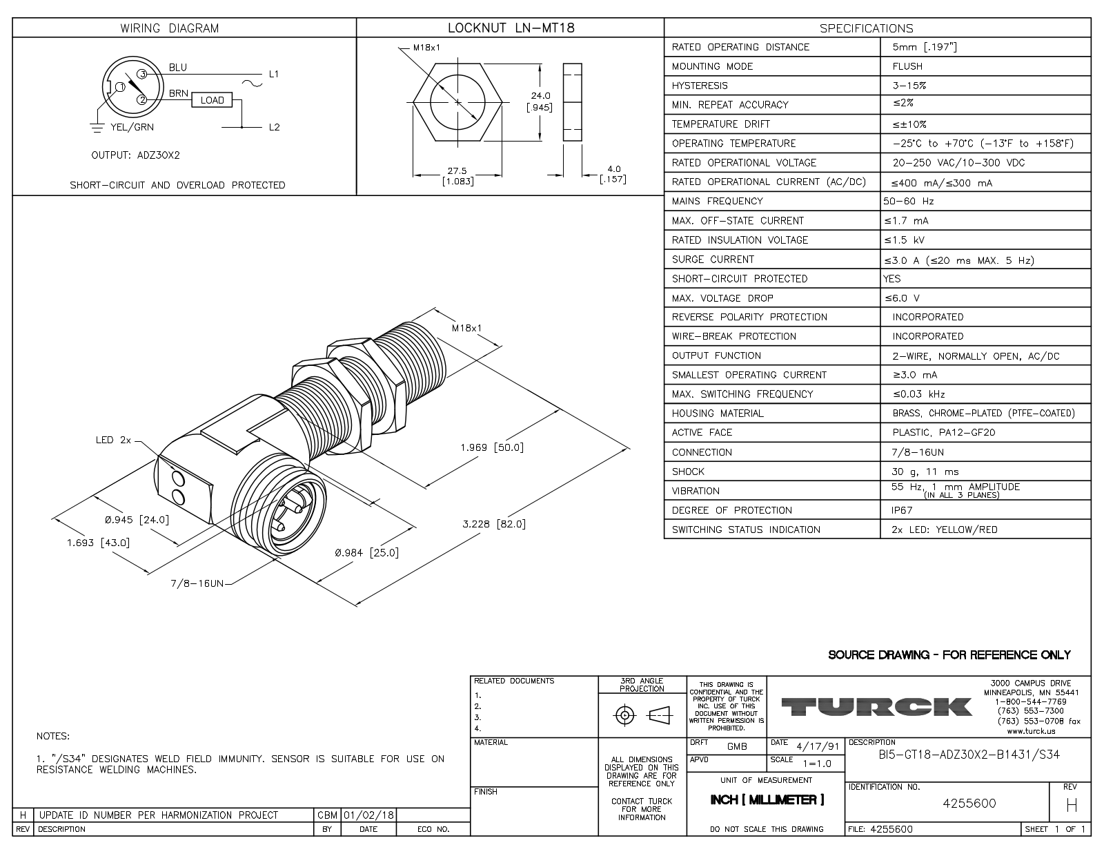 Turck BI5-GT18-ADZ30X2-B1431S34 Data Sheet