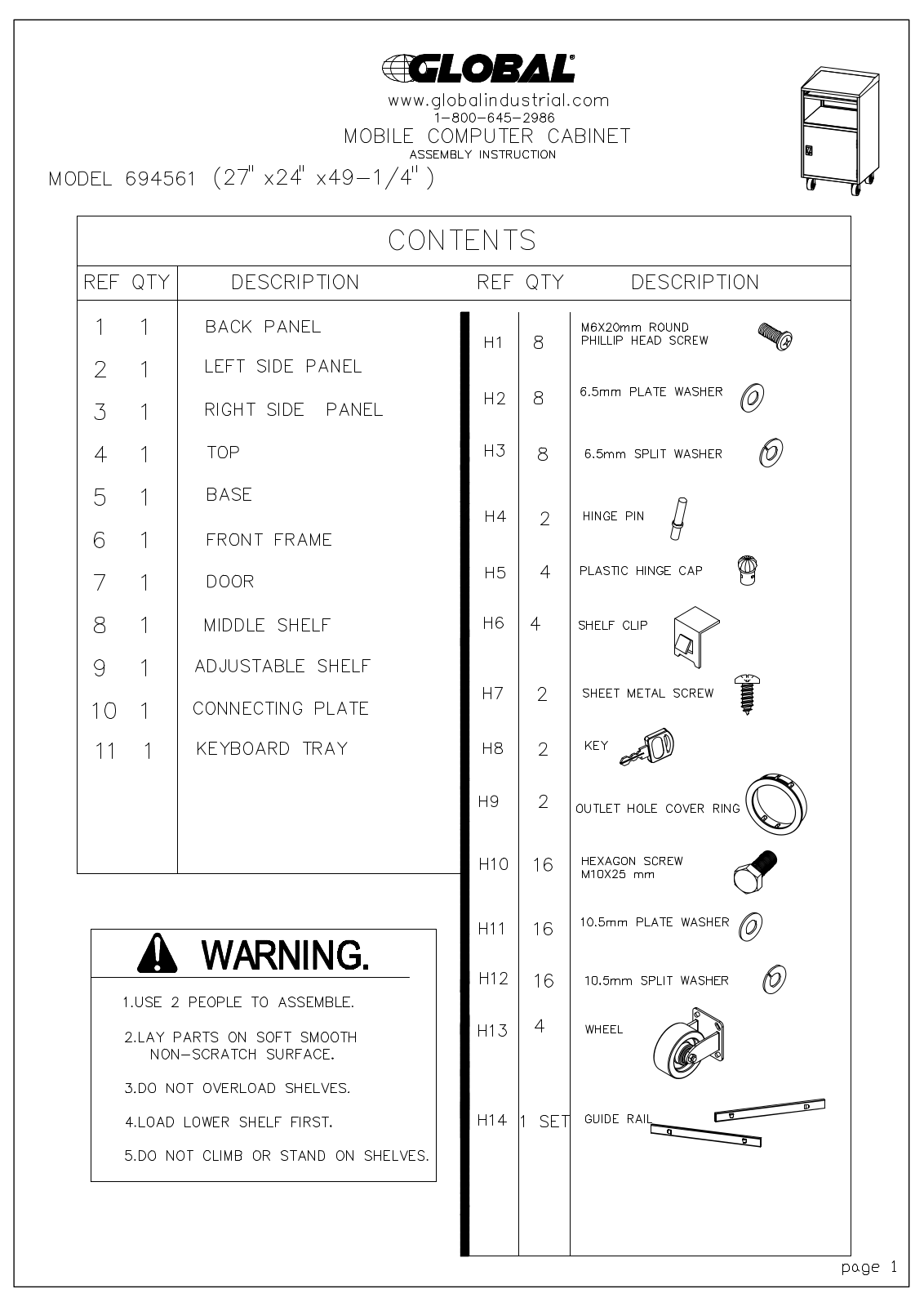 Global Industrial 694561 User Manual