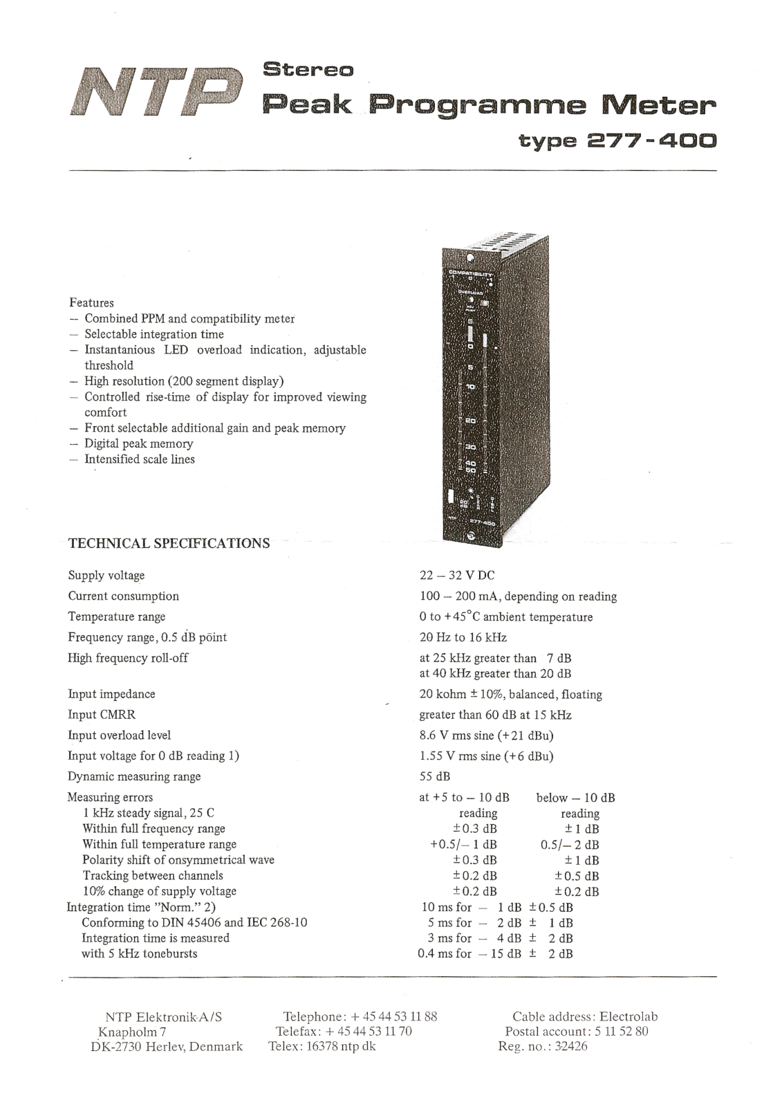 Ntp PROGRAMME METER 277, PROGRAMME METER 400 specifications